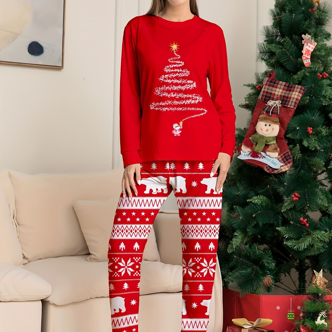 

's Christmas Tree Set, Long Top & Jogger Pants, Comfortable Relaxed Fall