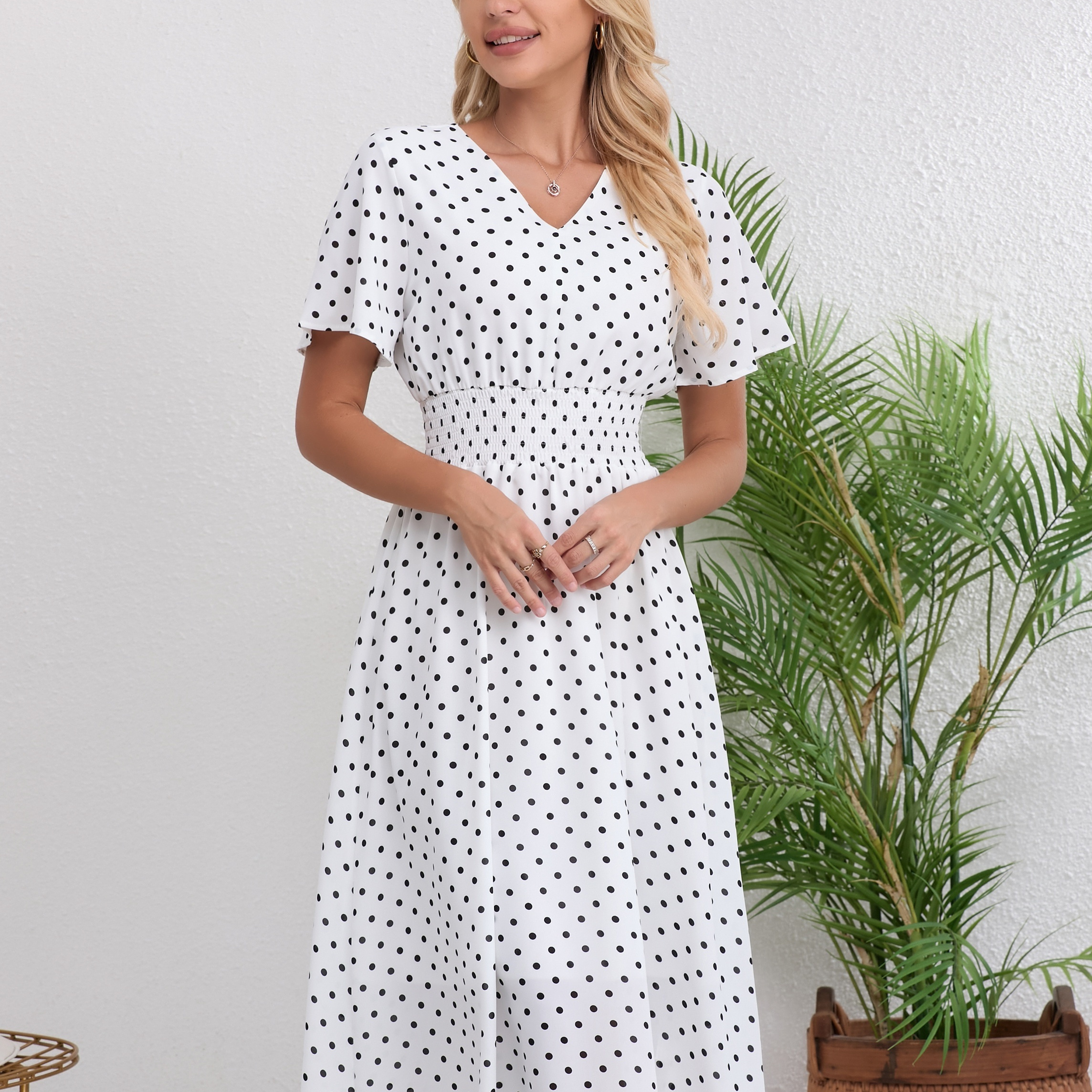 

Polka Dot Print V Neck A-line Dress, Elegant Short Sleeve Dress For Spring & Summer, Women's Clothing