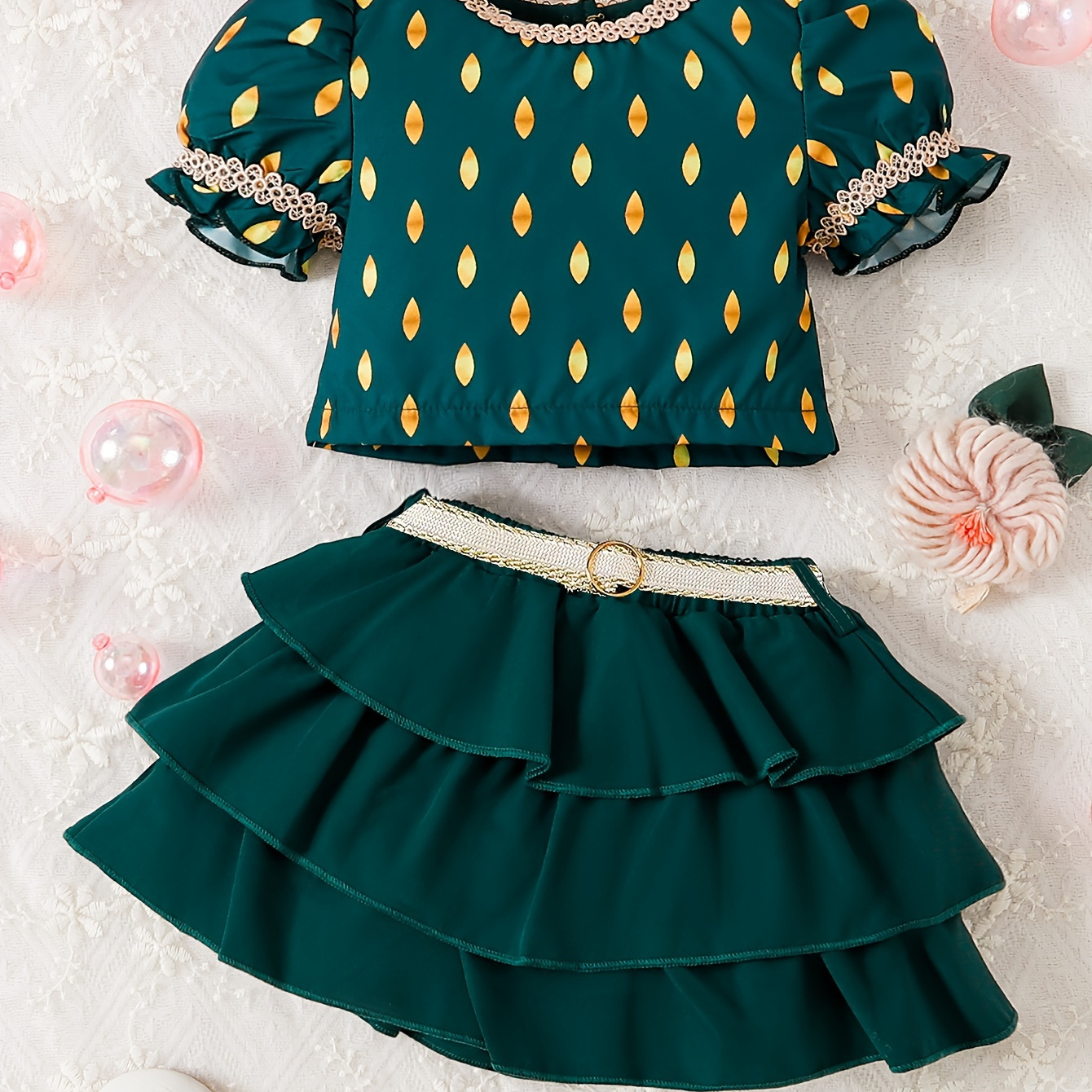 

Baby's Ethnic Style 2pcs Lovely Summer Outfit, Puff Sleeve Top & Layered Skirt Set, Toddler & Infant Girl's Clothes For Daily/holiday/party