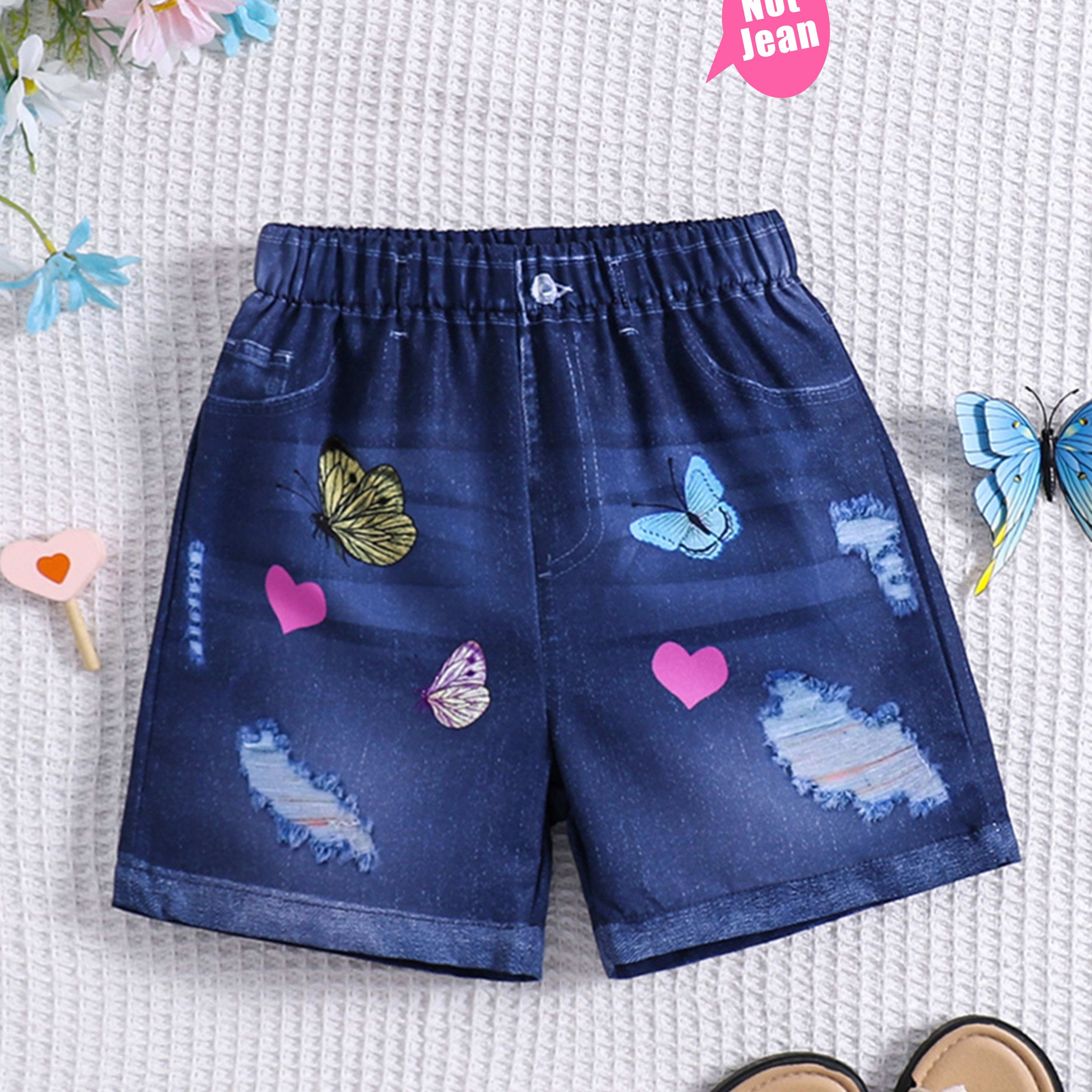 

Cartoon Butterfly Graphic Imitation Denim Print Shorts, Girls Casual Shorts For Summer Holiday Party Gift