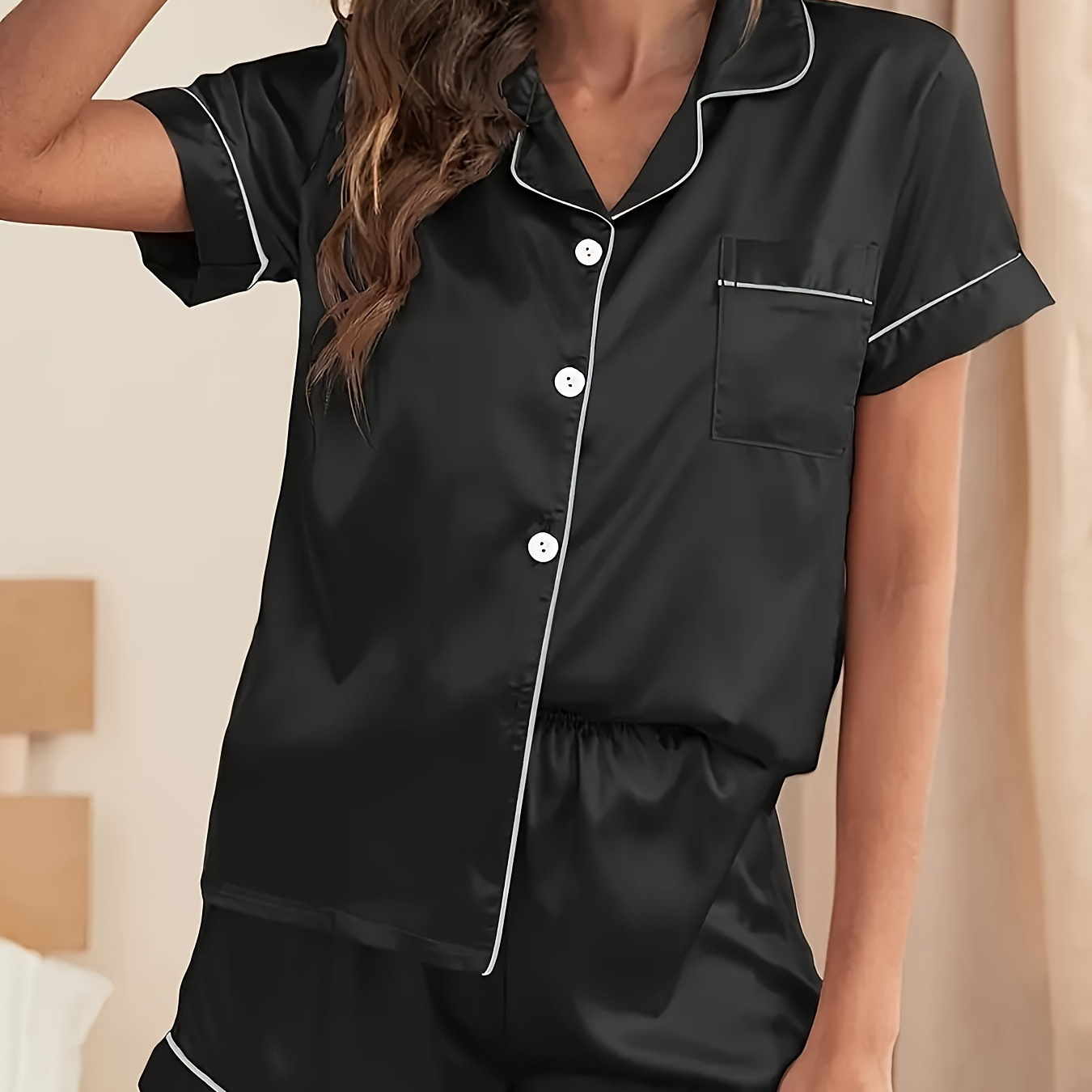 

Elegant Solid Satin Pajama Set, Short Sleeve Button Up Lapel Collar Top & Elastic Shorts, Women's Sleepwear & Loungewear