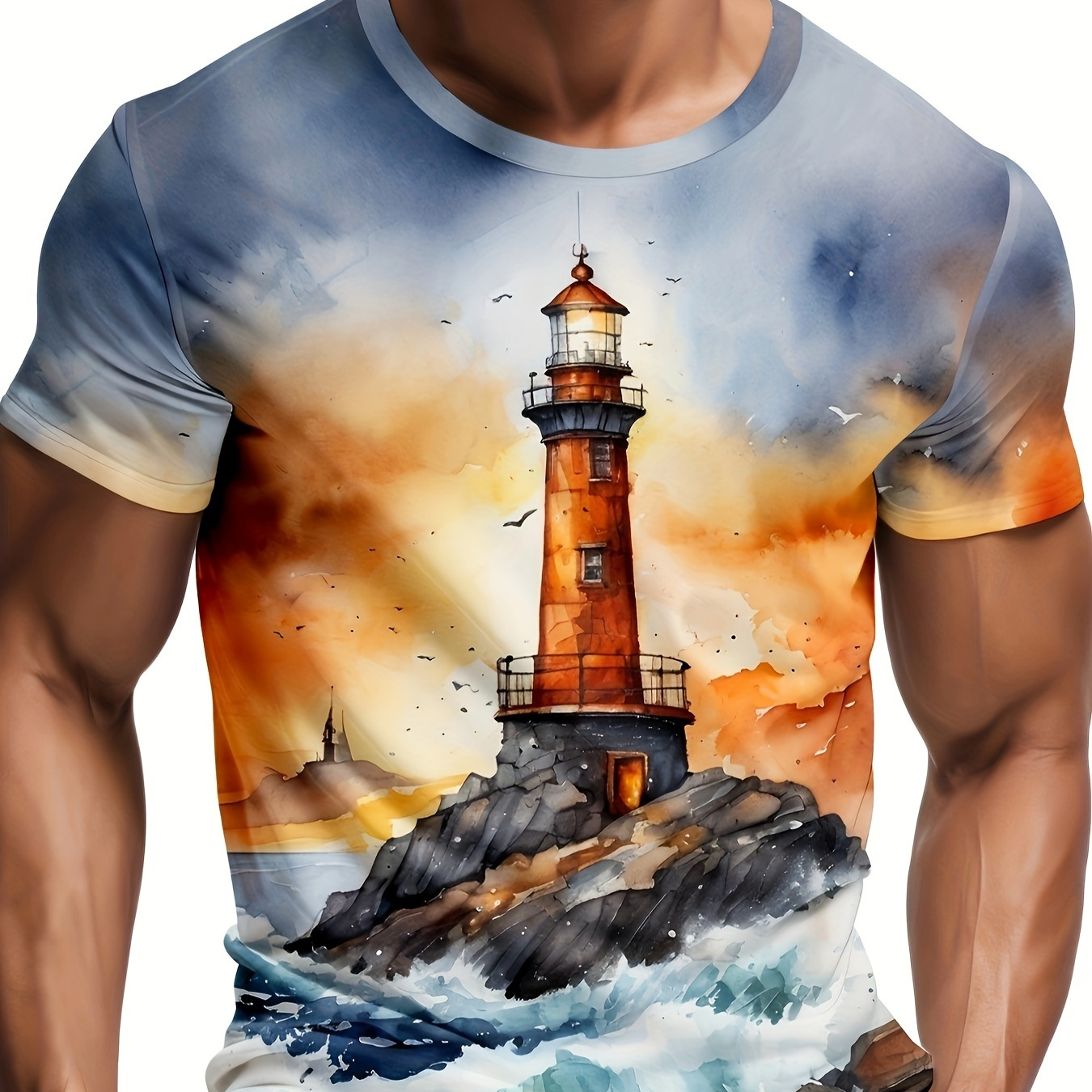 

Men's Stylish Lighthouse Pattern Shirt, Casual Breathable Crew Neck Short Sleeve Tee Top For City Walk Street Hanging Outdoor Activities