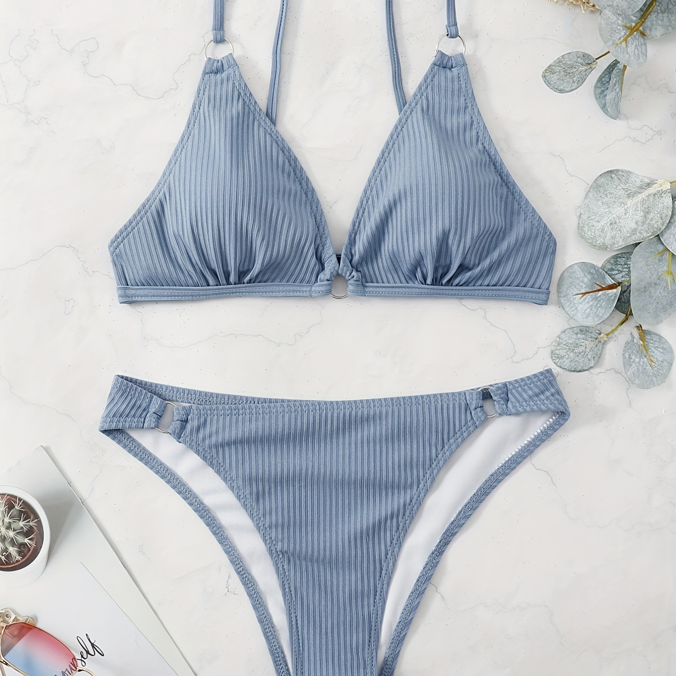 

Grey Rib-knit Bikini Sets, V Neck Ring-linked Tie Back Backless High Cut 2 Pieces Swimsuit, Women's Swimwear & Clothing Triangle Top