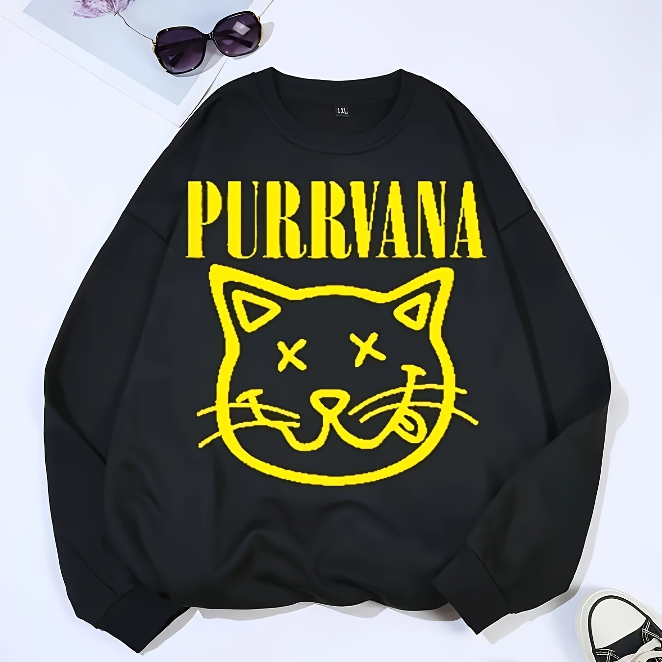 

Purrvana Large-faced Cat Sweatshirt - Women's Fashion Hoodie - Fall/winter Season - Relaxed Style - Polyester Material - Knit Fabric - No Detail