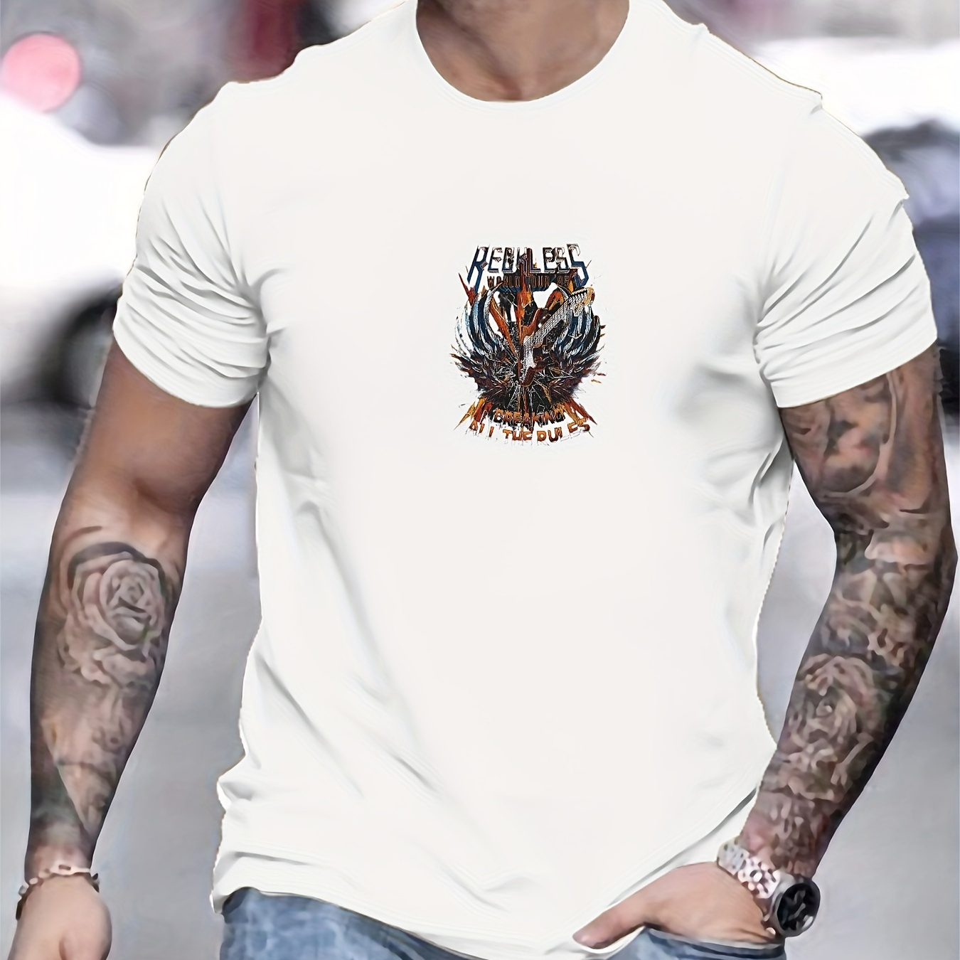 

Creative Guitar Pattern Print Men's Crew Neck Short Sleeve Tees, 100% Cotton T-shirt, Casual Comfortable Versatile Top For Summer