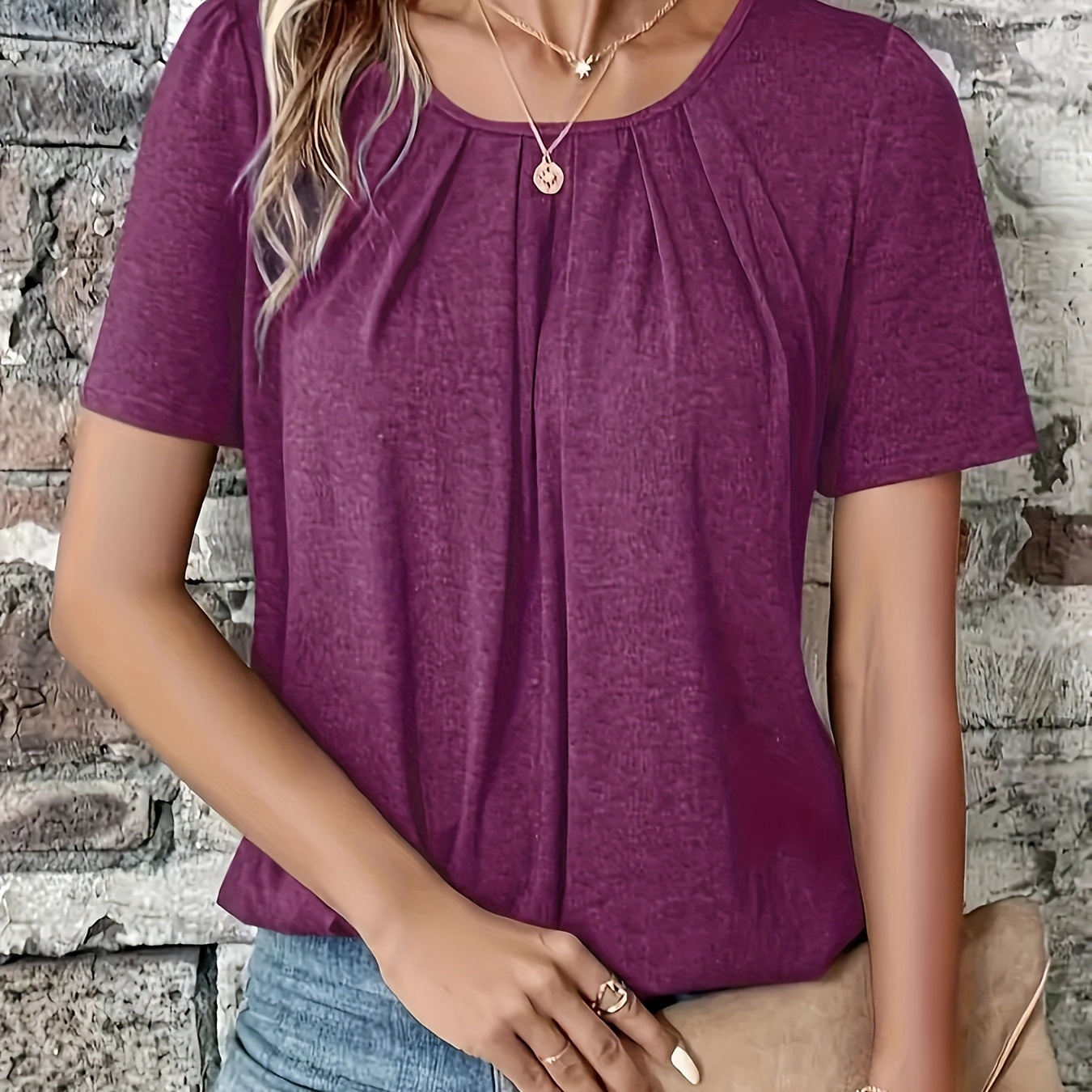 

T-Shirt Élégant Unicolore pour Femme - Manches Courtes Décontractées, Col Rond, Mélange de Polyester Extensible, Lavable en Machine - pour , l'Été & en Violet