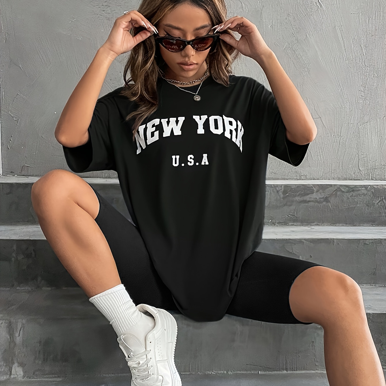 

New York Print Two-piece Set, Casual Short Sleeve T-shirt & Skinny Shorts Outfits, Women's Clothing