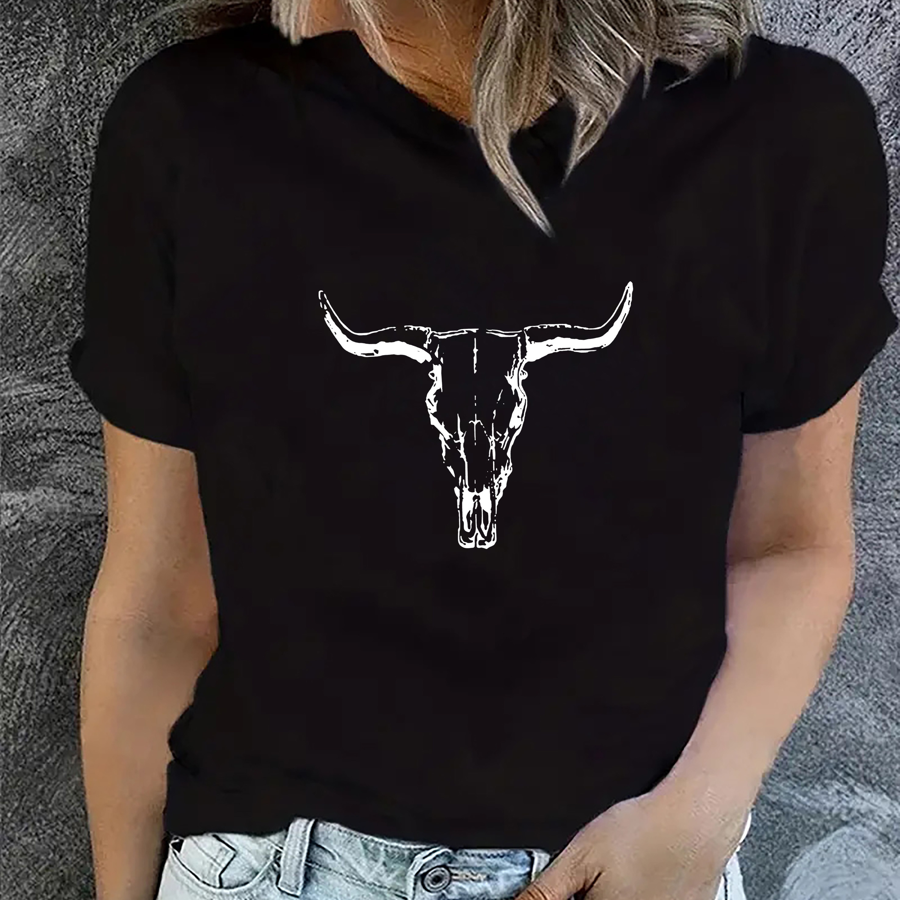 

Bull Head Print T-shirt, Casual Crew Neck Short Sleeve Top, Women's Clothing