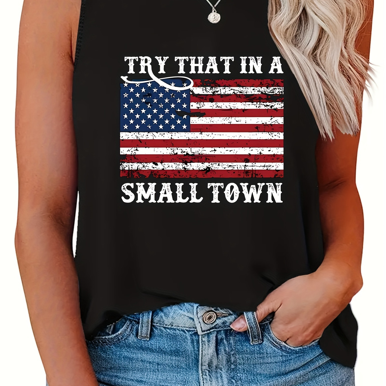 

Women's Fashionable American Flag Print Sleeveless Tank Top, Independence Day Casual Round Neck Sporty Vest For Daily Wear