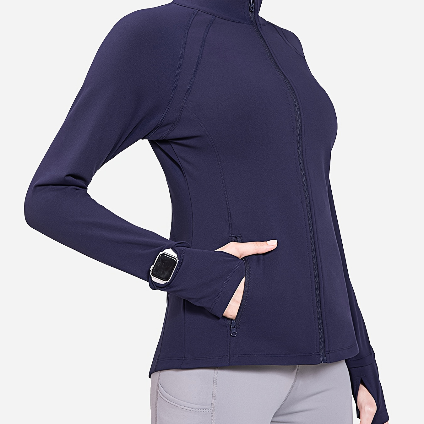 Womens Solid Color Full Zip Front Cycling Jacket Long Sleeve Thumb