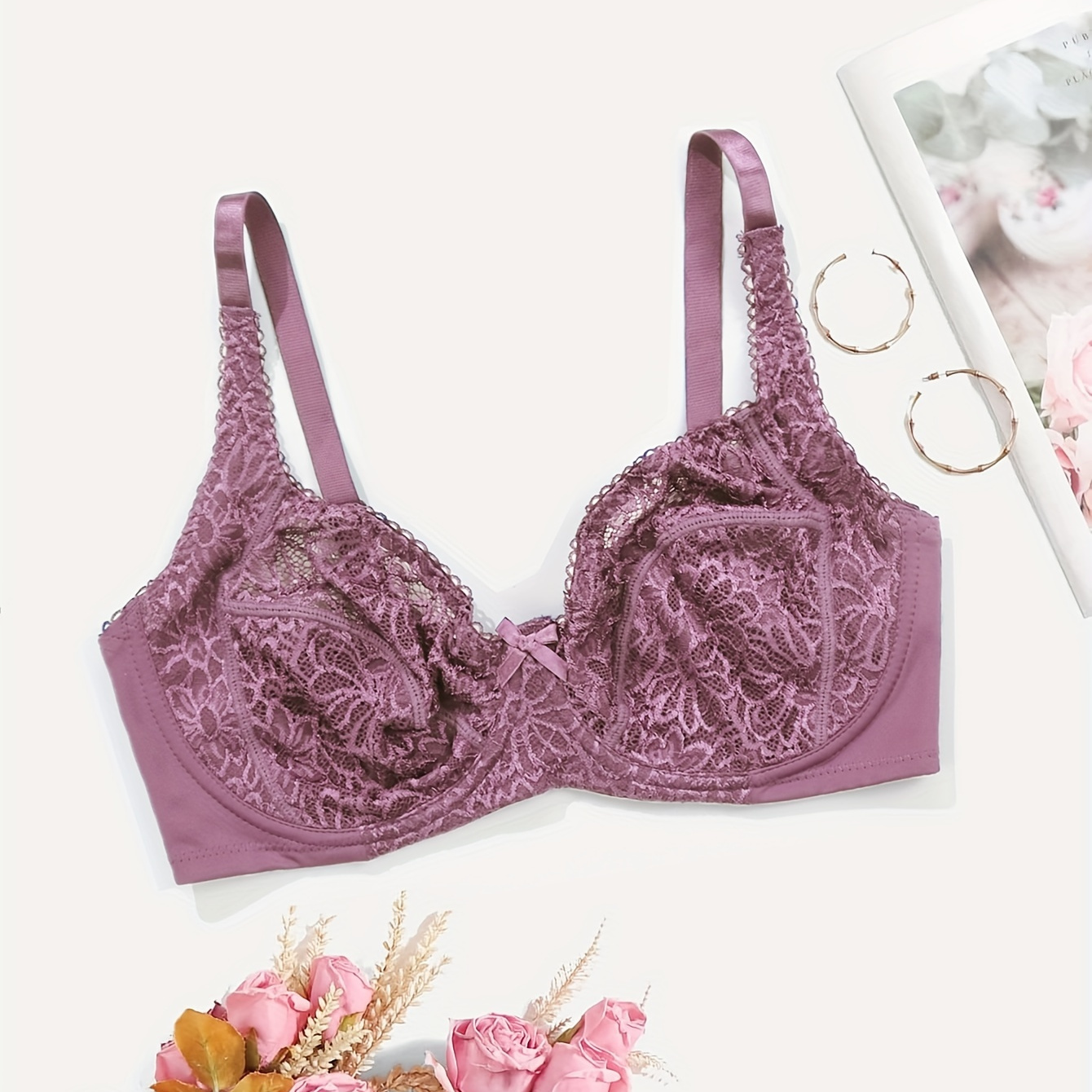 Contrast Lace Push Bra Comfy Breathable Bow Tie Bra Women's - Temu