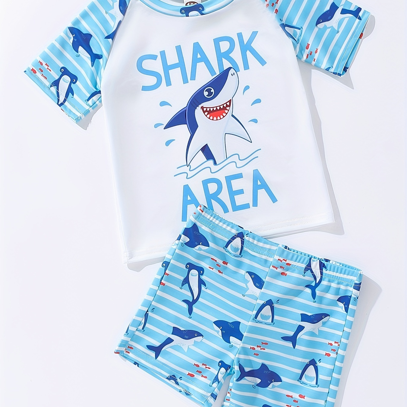 

Boys Cartoon Shark Print Swimming Suit Swimming Trunks & Tops For Beach Vacation Casual Kids Clothes Sets