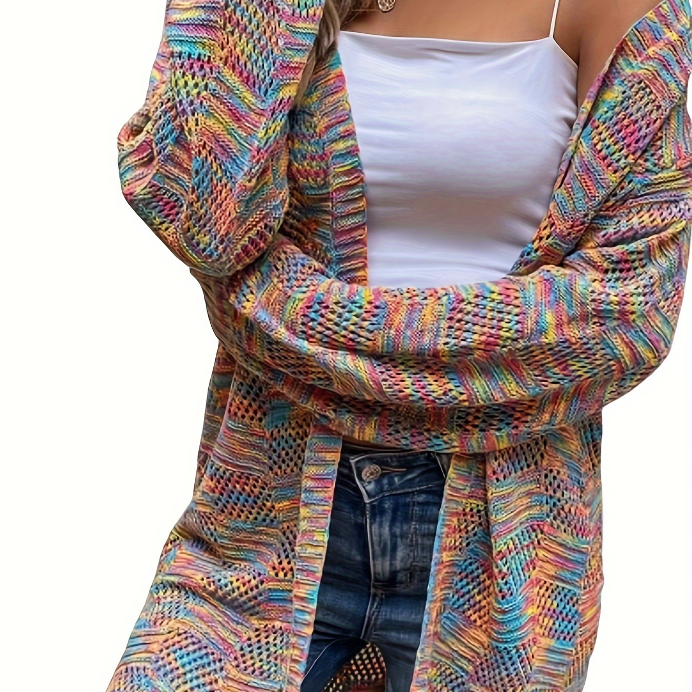 

Colorful Open Front Pointelle Knit Cardigan, Elegant Long Sleeve Mid Length Loose Cardigan, Women's Clothing