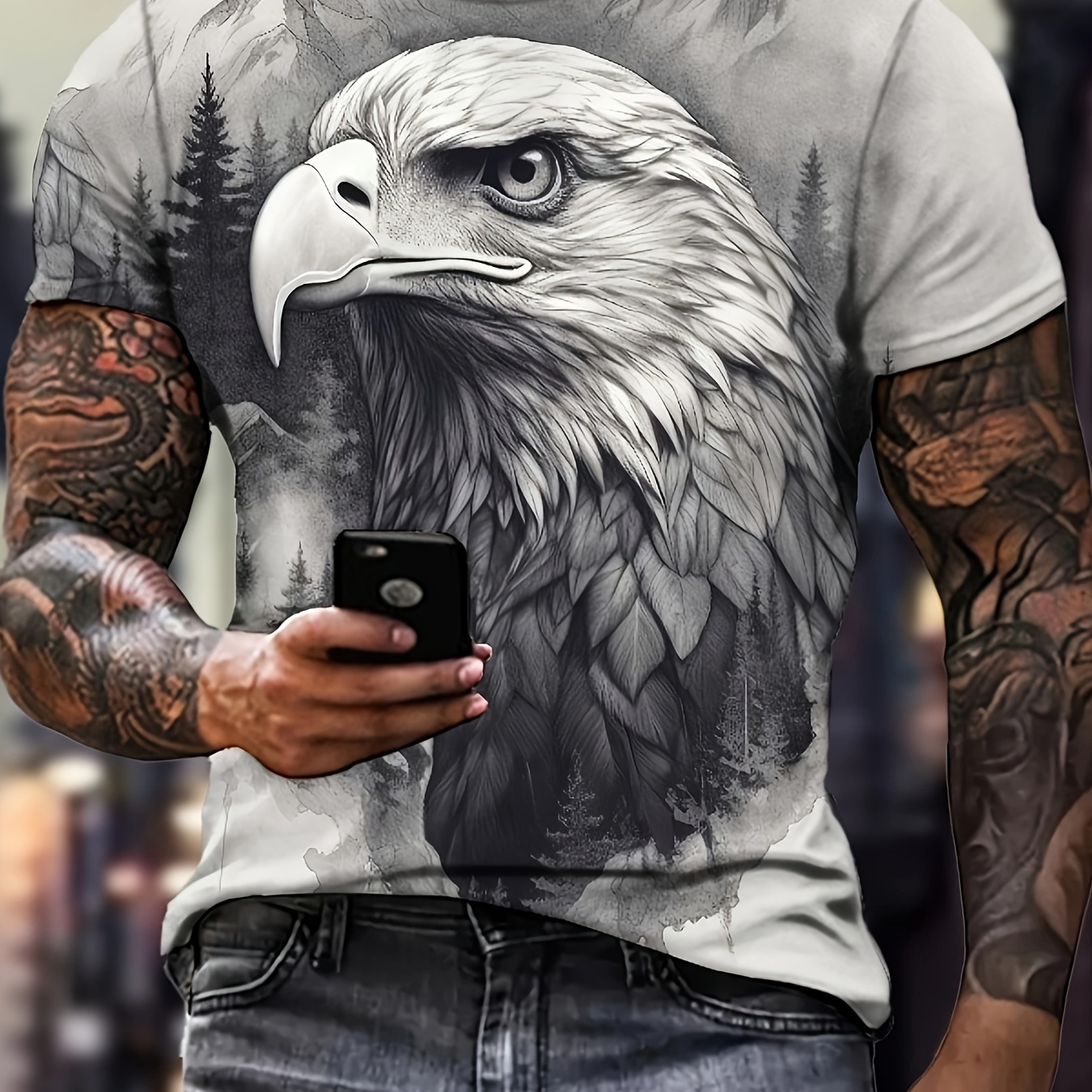 

Eagle Sketch Graphic Pattern T-shirt With Crew Neck And Short Sleeve, Chic And Stylish Tops For Men's Summer Outdoors Wear