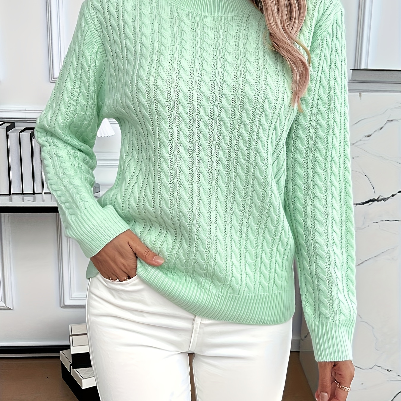 

Solid Color Crew Neck Pullover Sweater, Casual Long Sleeve Cable Knitted Sweater For Fall & Winter, Women's Clothing