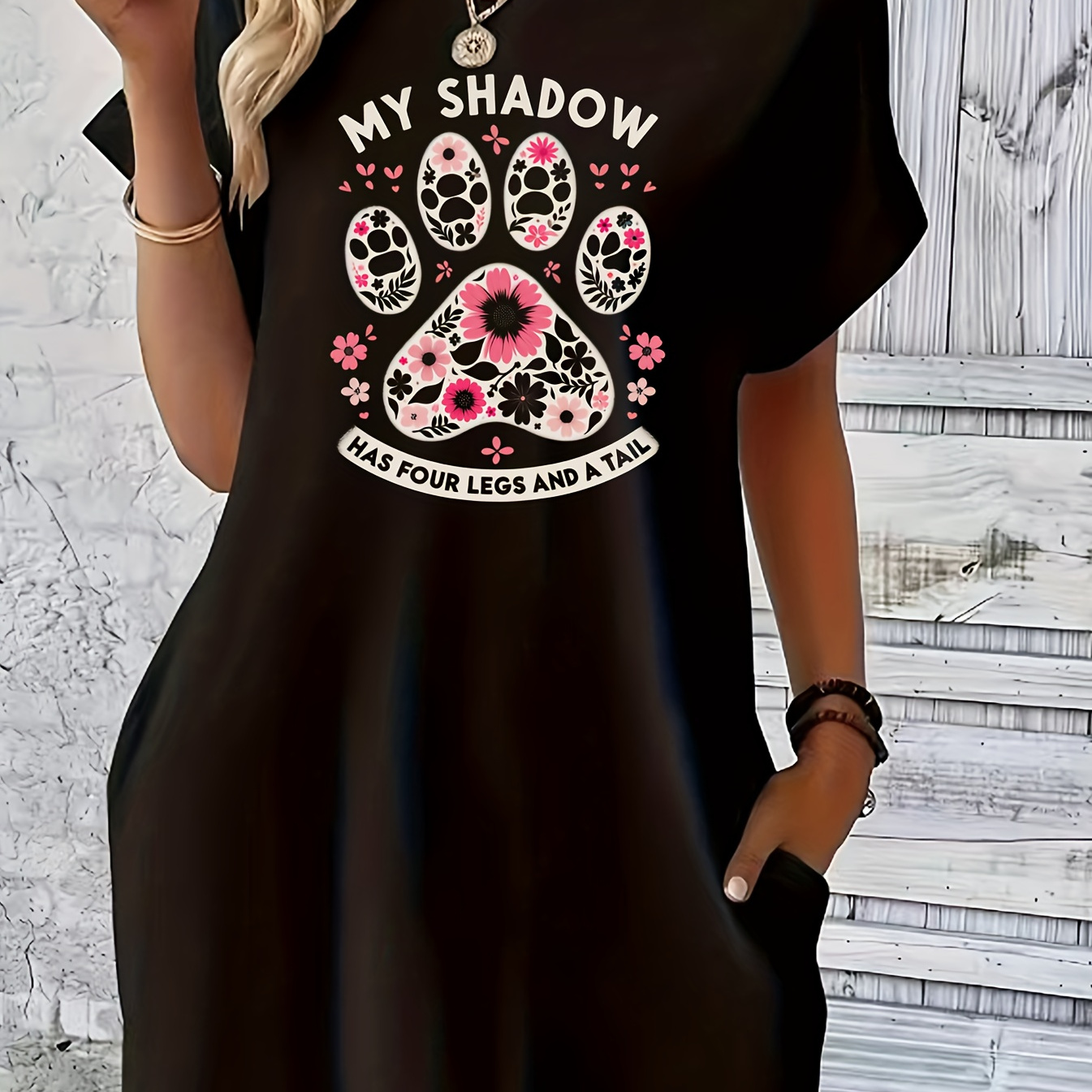 

Dog Paw Print Tee Dress, Short Sleeve Crew Neck Casual Dress For Summer & Spring, Women's Clothing