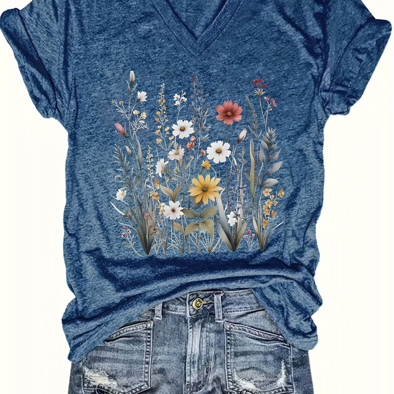 

Women's Casual V-neck T-shirt With Floral Print - Soft Rayon , Short Sleeve, Loose Fit Top For Summer