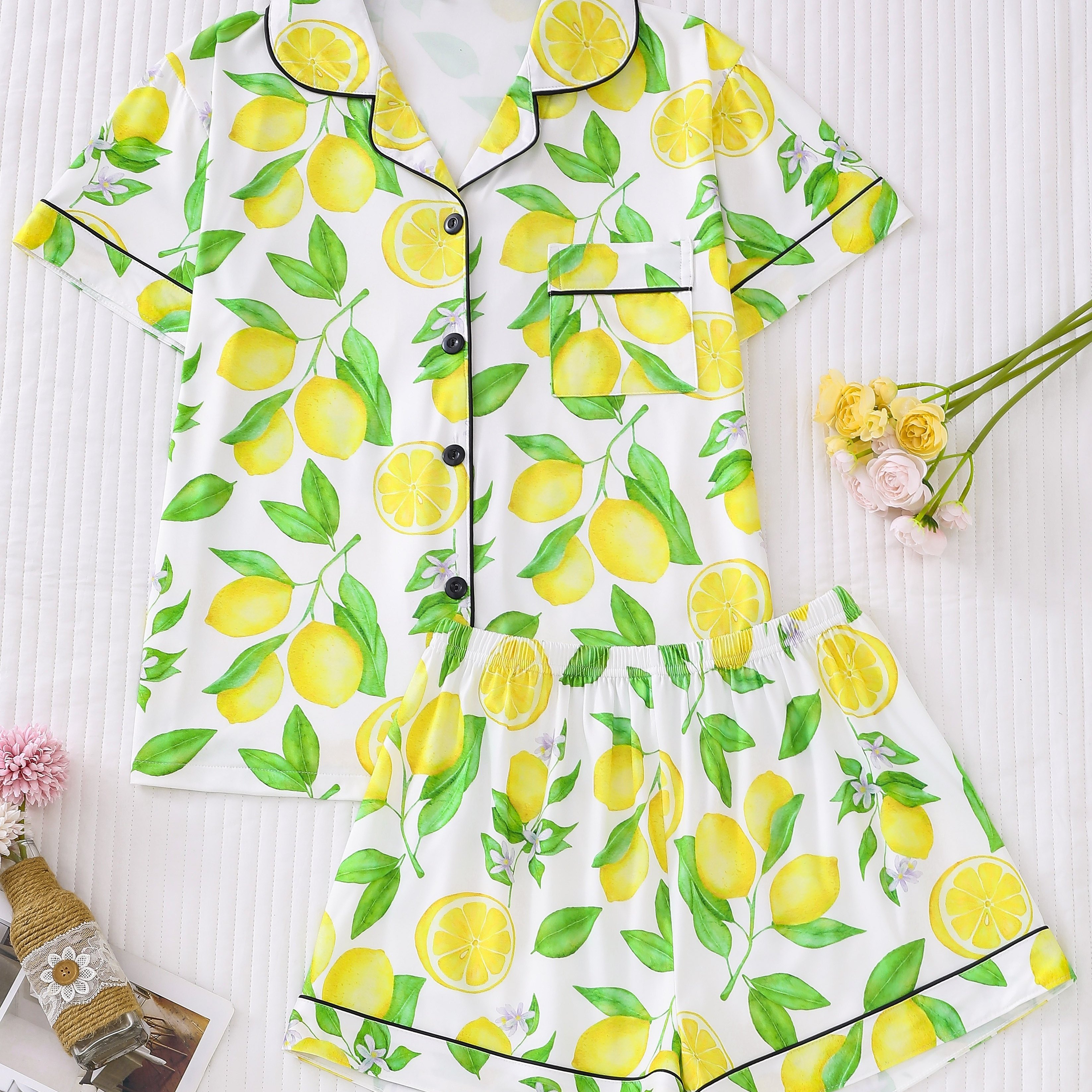 

Allover Lemon Print Pajama Set, Casual Short Sleeve Button Up Lapel Collar Top & Shorts, Women's Sleepwear