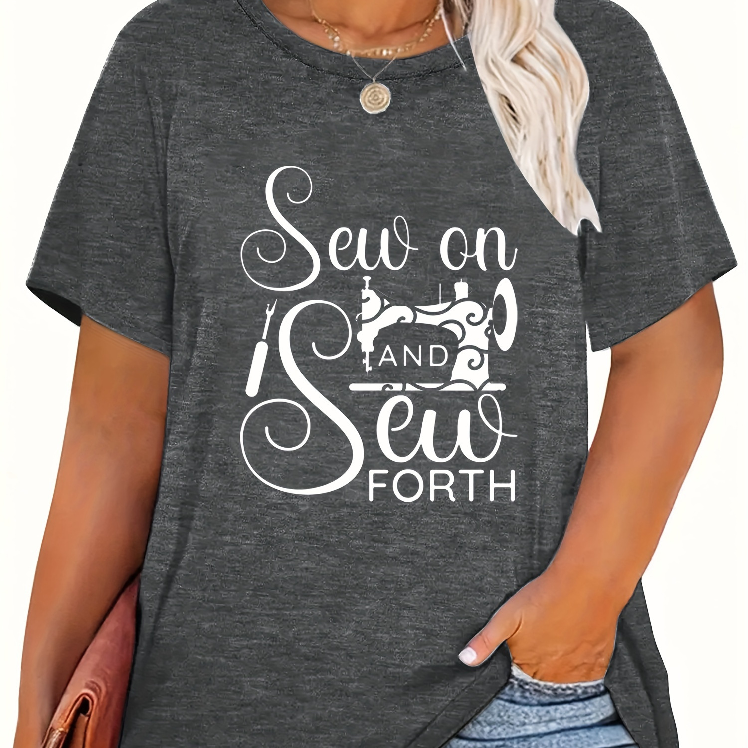 

Plus Size Sew On And Sew Forth Print T-shirt, Casual Short Sleeve Crew Neck Top For Spring & Summer, Women's Plus Size Clothing