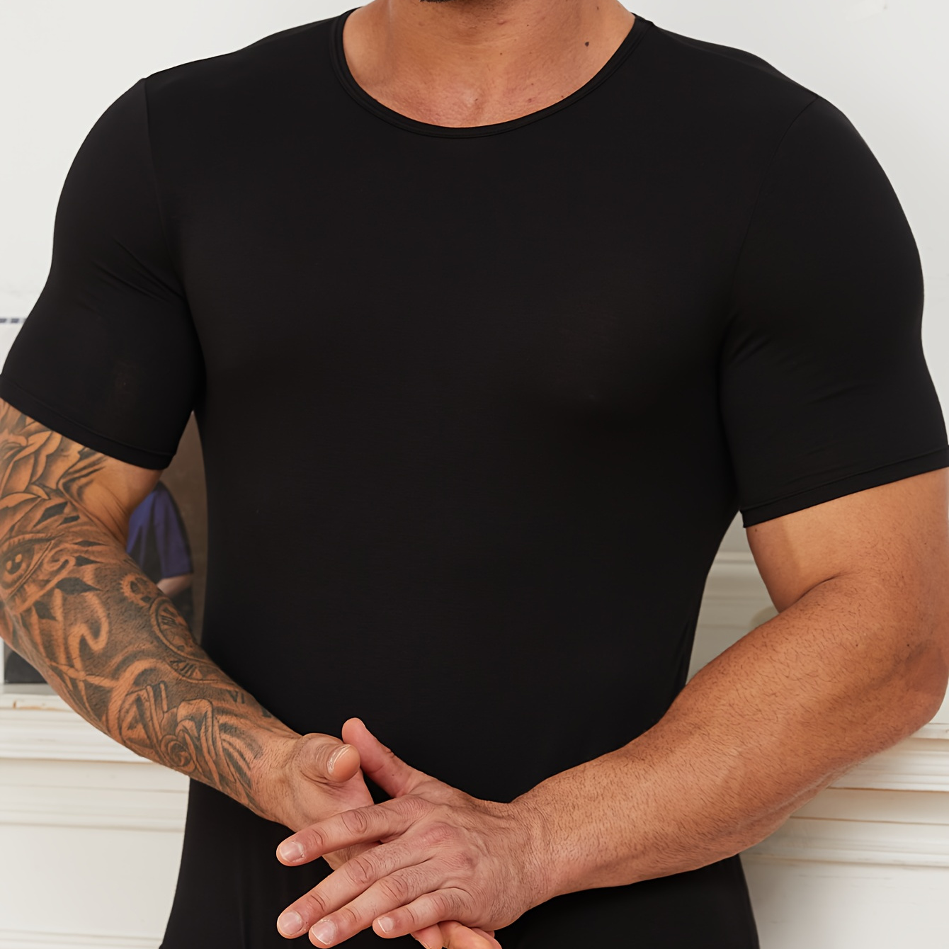 

1pc Men's Casual Crew Neck Bodysuit, Short Sleeve Knit Fabric Top With Medium Stretch, Solid Color Viscose 95% Spandex 5% , Regular Fit For