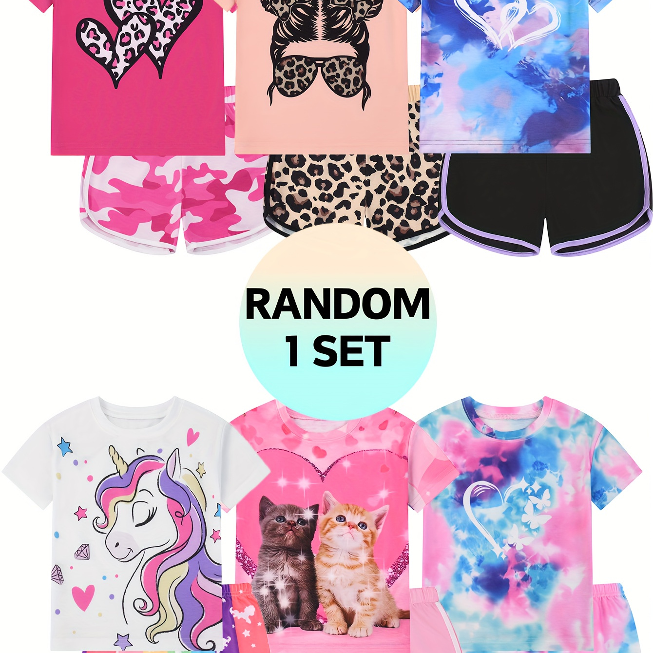 

Random 1 Set Girl's Outfit, / Kitten/ Leopard/ Tie Dye Graphic T-shirt Tops + Shorts Co-ords Set - Ideal For Summer Casual Outings