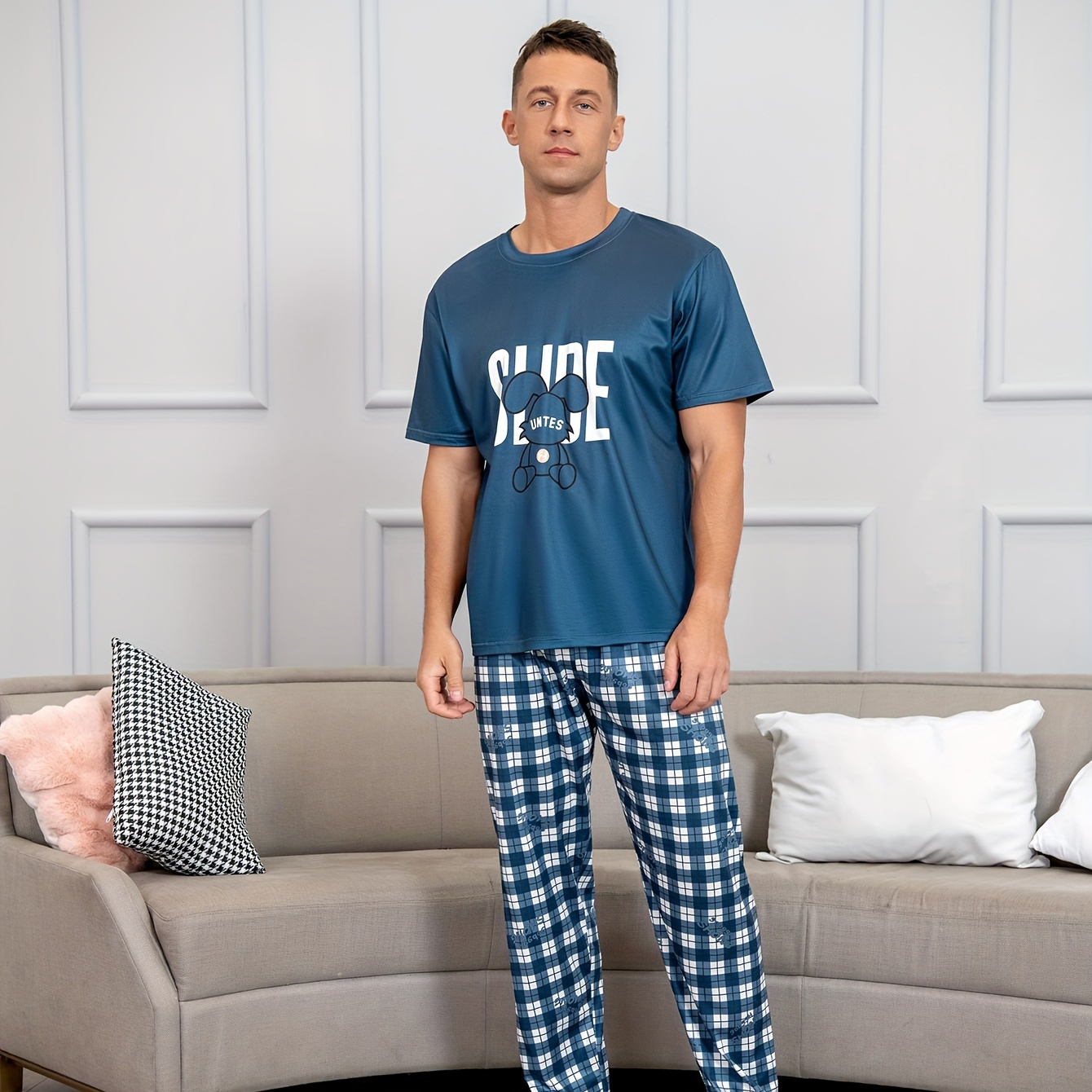 

Men's Simple Style Casual Pajamas Sets, Letter Bunny Graphic Print Short Sleeve Crew Neck Top & Loose Pants Lounge Wear, Outdoor Sets For Spring Autumn