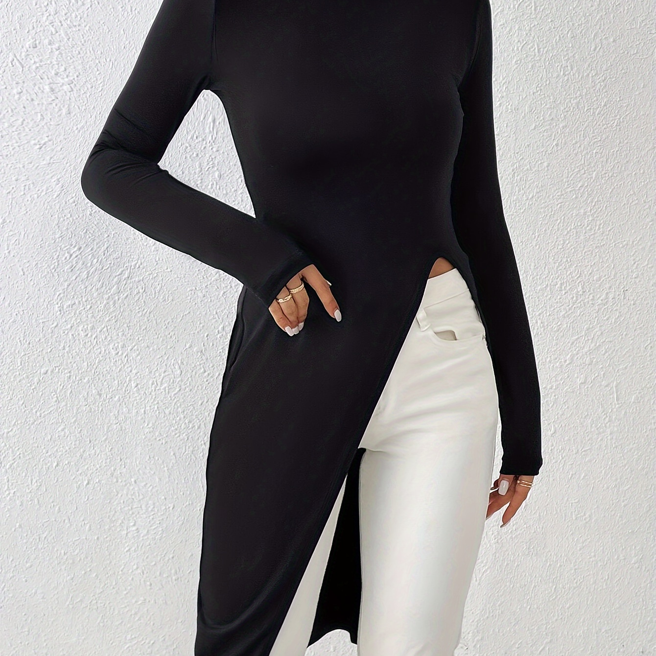 

Asymmetric Hem Mock Neck Top, Casual Long Sleeve T-shirt For Spring & Fall, Women's Clothing