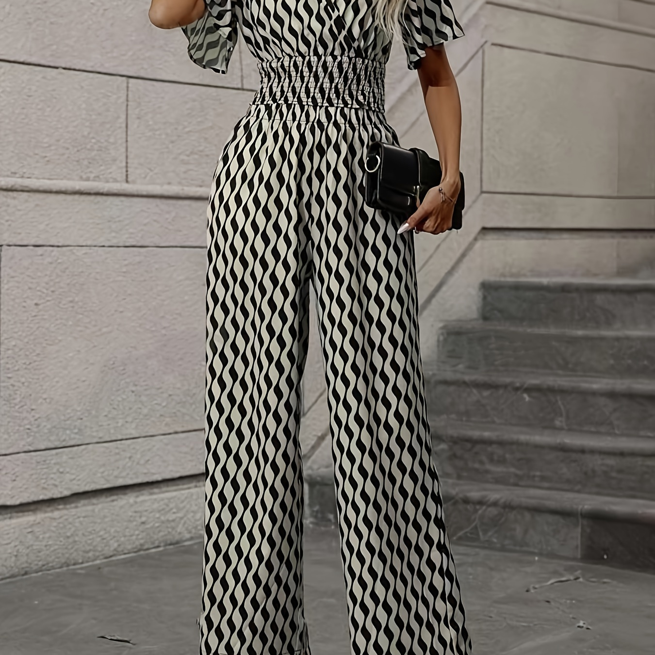 

Elegant Allover Print Pants Set, Short Sleeve Surplice Neck Shirred Waist Blouse & High Waist Wide Leg Pants Outfits, Women's Clothing