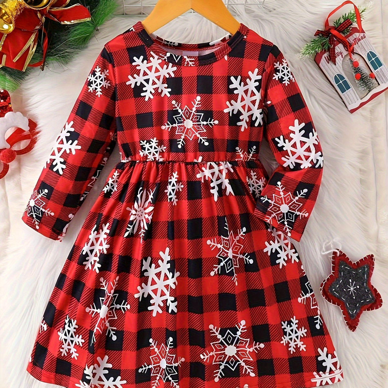 

Snowflake & Christmas Plaid Print Girls Holiday Long Sleeve Dress - Comfy A-line Party Casual Dresses, Spring/fall Season