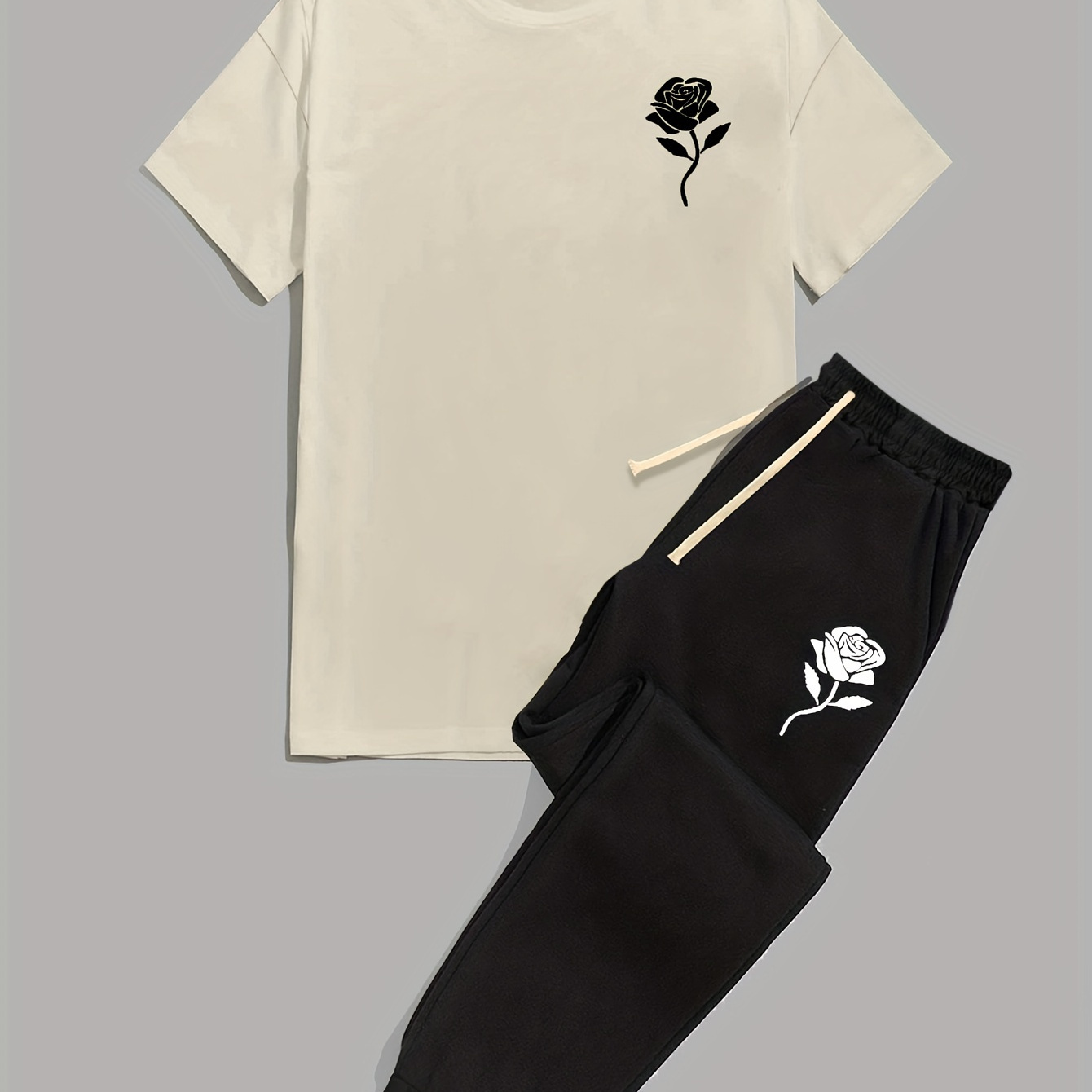 

Men's Rose Graphic Print Casual T-shirt Outfit Set, Round Neck Short Sleeve Tee And Drawstring Sweatpants