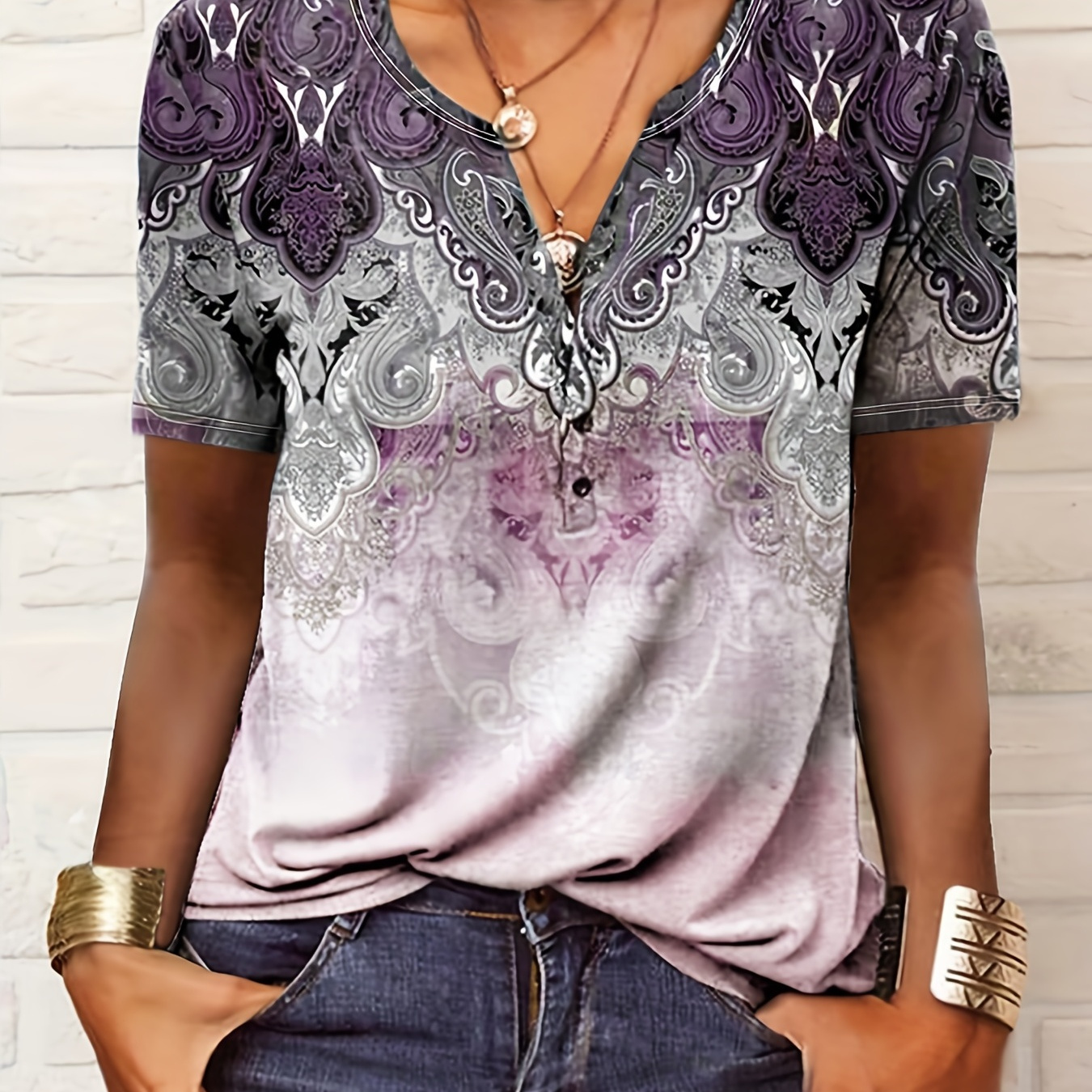 

Paisley Print V Neck T-shirt, Casual Short Sleeve T-shirt For , Women's Clothing