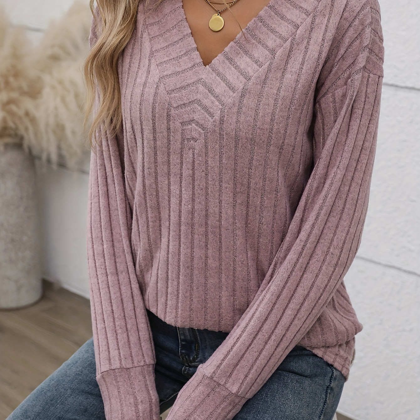 

Drop Shoulder Ribbed V Neck Plain Color T-shirt, Casual Long Sleeve Top For Spring & Fall, Women's Clothing