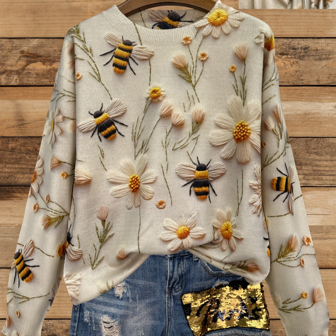 

Floral ＆ Bee Pattern Crew Neck Sweater, Casual Long Sleeve Sweater For Fall & Winter, Women's Clothing