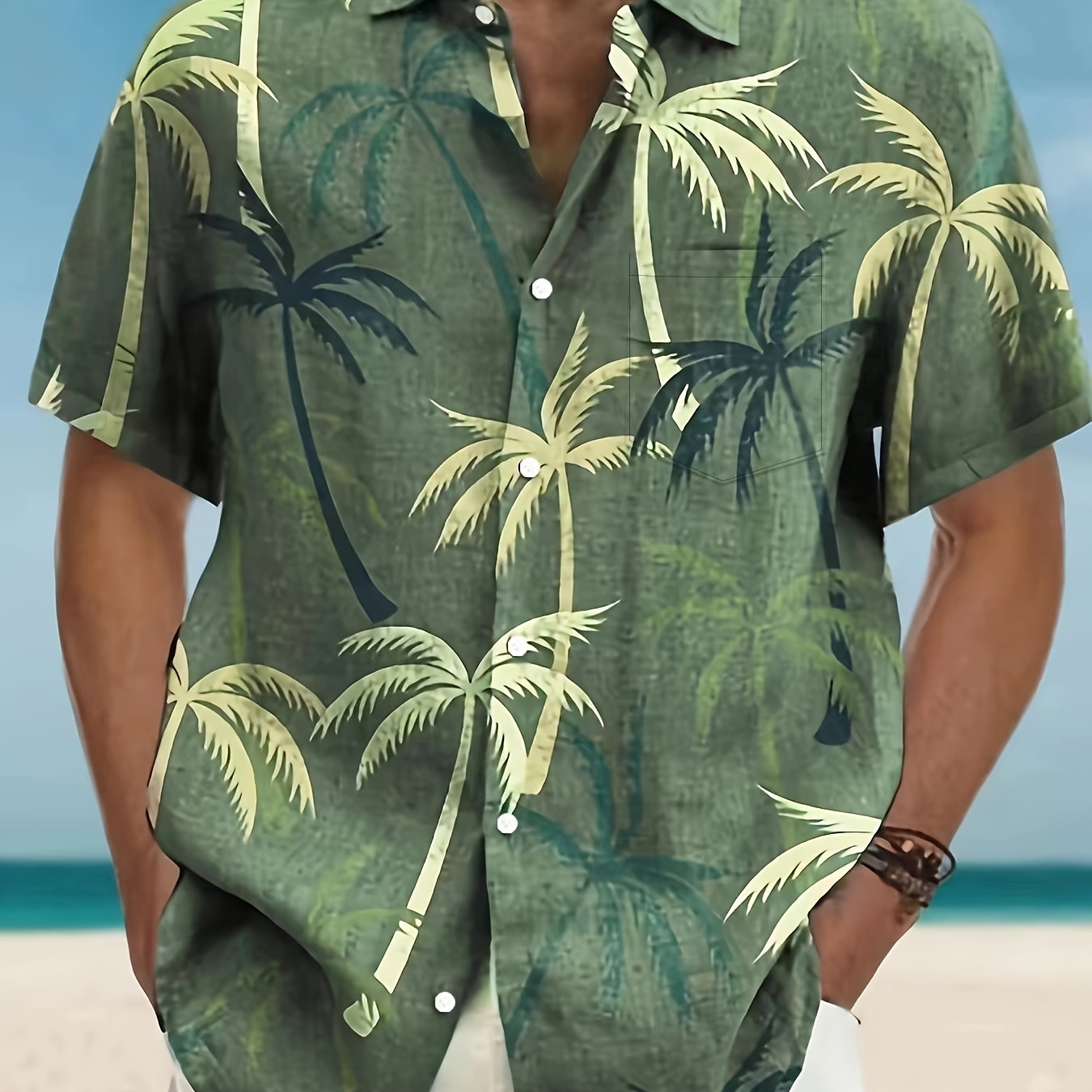 

Plus Size Men's Coconut Trees Print Shirt For Summer, Hawaiian Style Short Sleeve Shirt For Beach Holiday