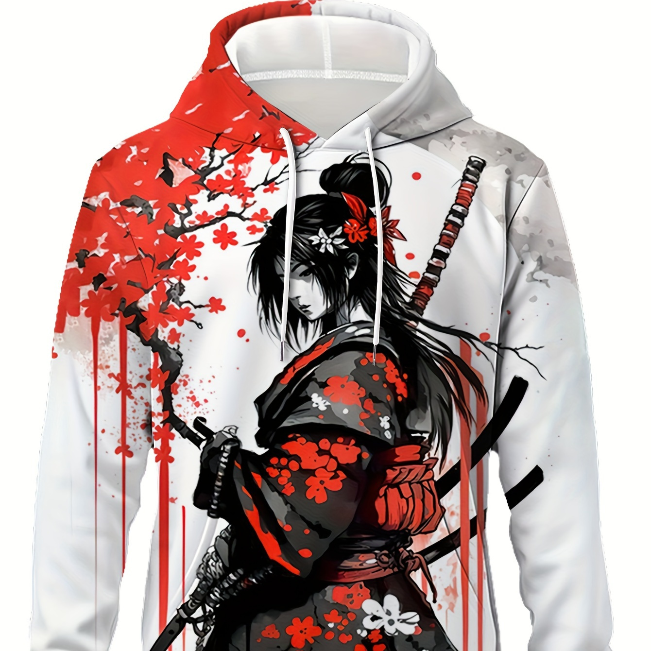 

Men's Japanese & Cherry Blossom Kimono-style Hoodie With Ink - 100% Polyester Sports Hooded Sweatshirt With Pocket, Regular Fit, Stretch Knit Fabric