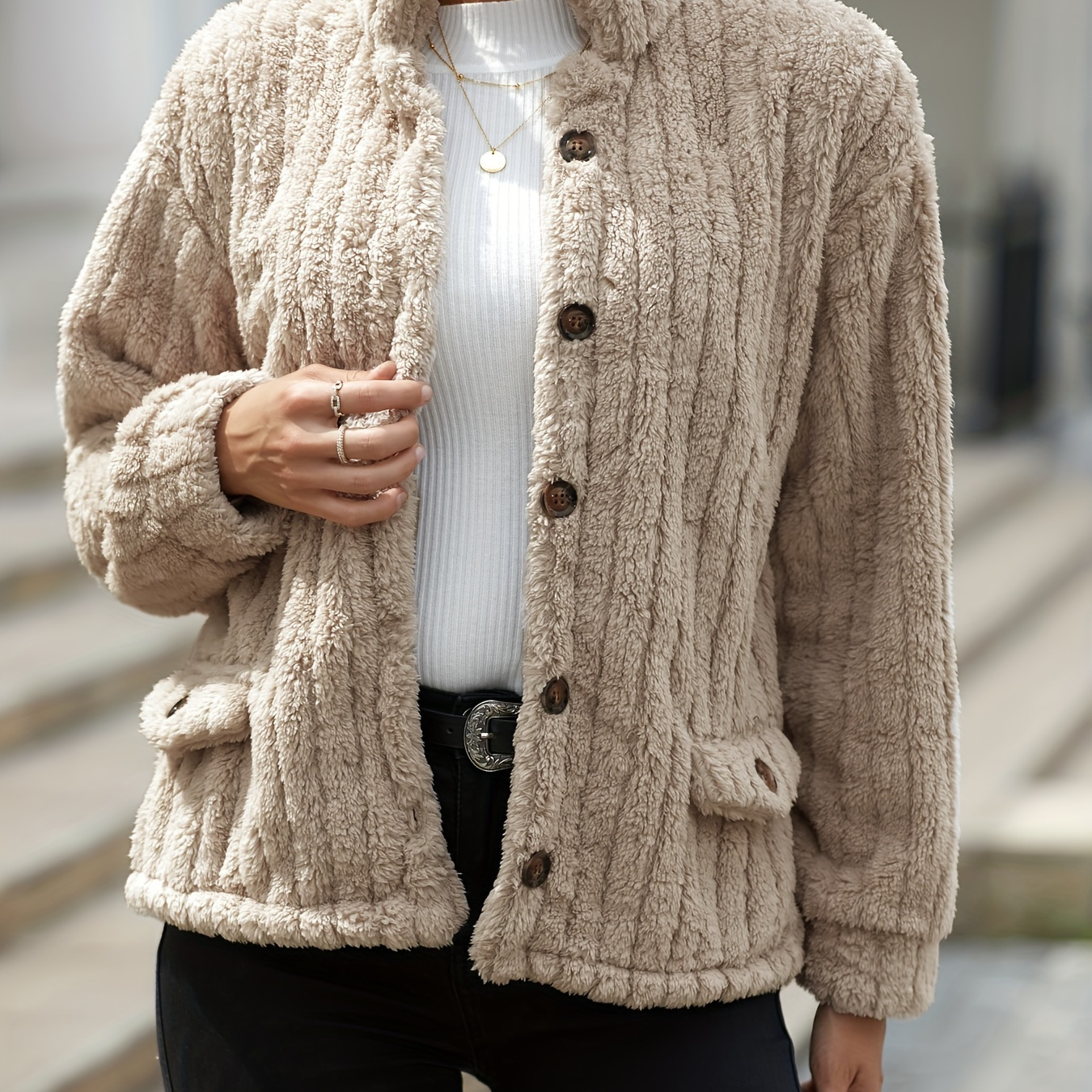 

Manteau Teddy Boutonné Sur Le Devant, Vêtements D'extérieur Chauds Et Décontractés À Manches Longues, Vêtements Pour Femmes