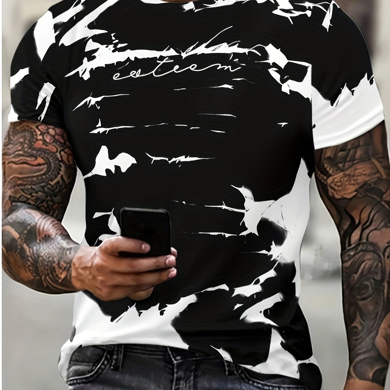 

Men's Casual Tie-dye Print T-shirt - Crew Neck, Polyester & Spandex Blend, Regular Fit With Slight Stretch, Knit Fabric Tee For Summer