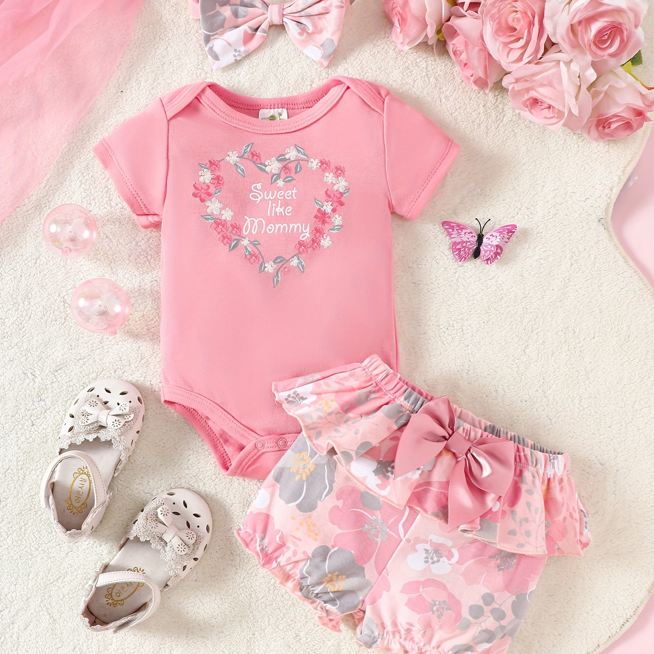 

Baby's Letter & Flower Print 2pcs Casual Summer Outfit, Short Sleeve Bodysuit & Hairband & Shorts Set, Toddler & Infant Girl's Clothes For Daily/holiday/party
