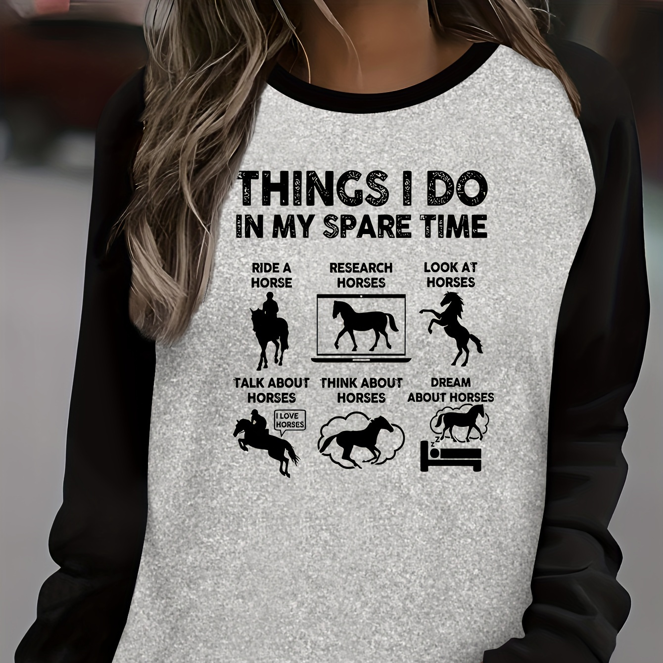 

Casual Polyester Crew Neck Long Sleeve T-shirt With Applique, Knit Horse-themed Letter Print Raglan Sleeves Top For All