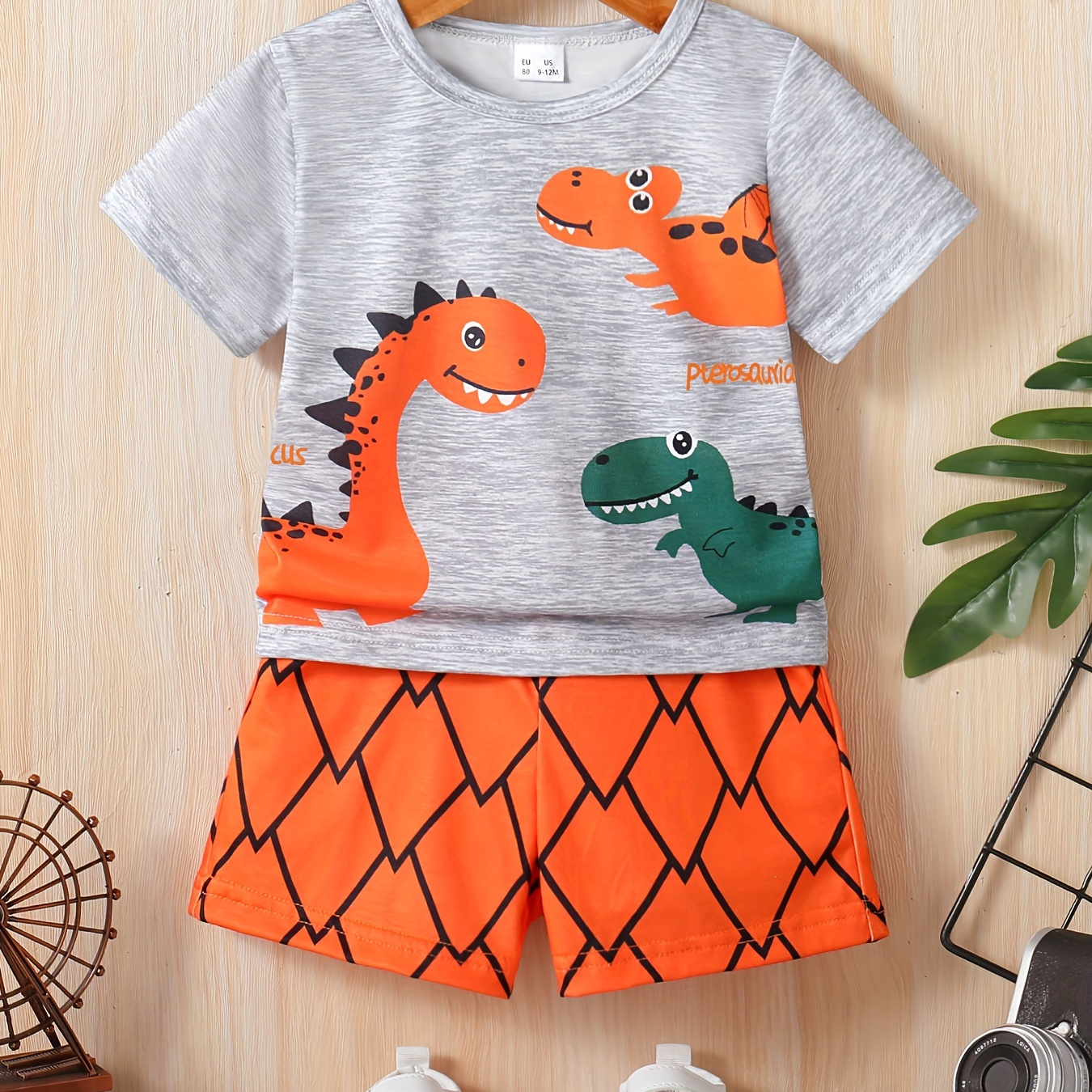 

2pcs Infant & Toddler's Lovely Cartoon Dinosaur Print Summer Set, T-shirt & Casual Shorts, Baby Boy's Clothes