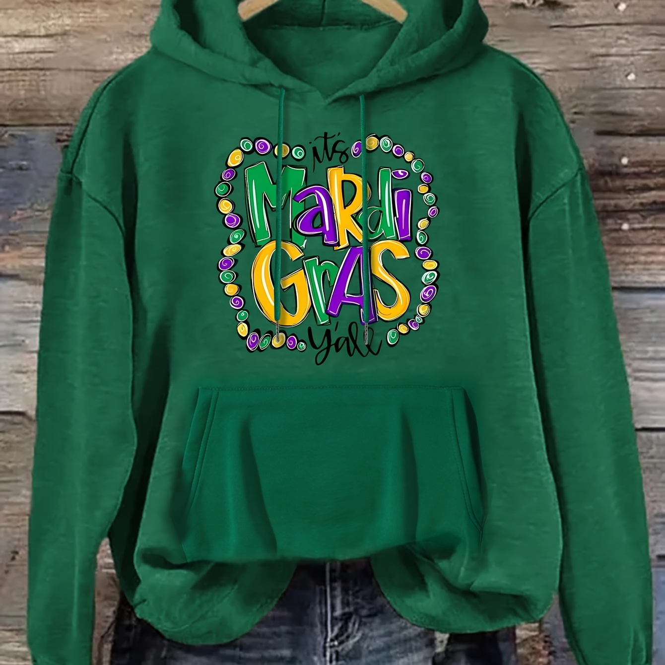 

Mardi Gras Print Hoodie, Drawstring Casual Hooded Sweatshirt For Winter & Fall, Women's Clothing