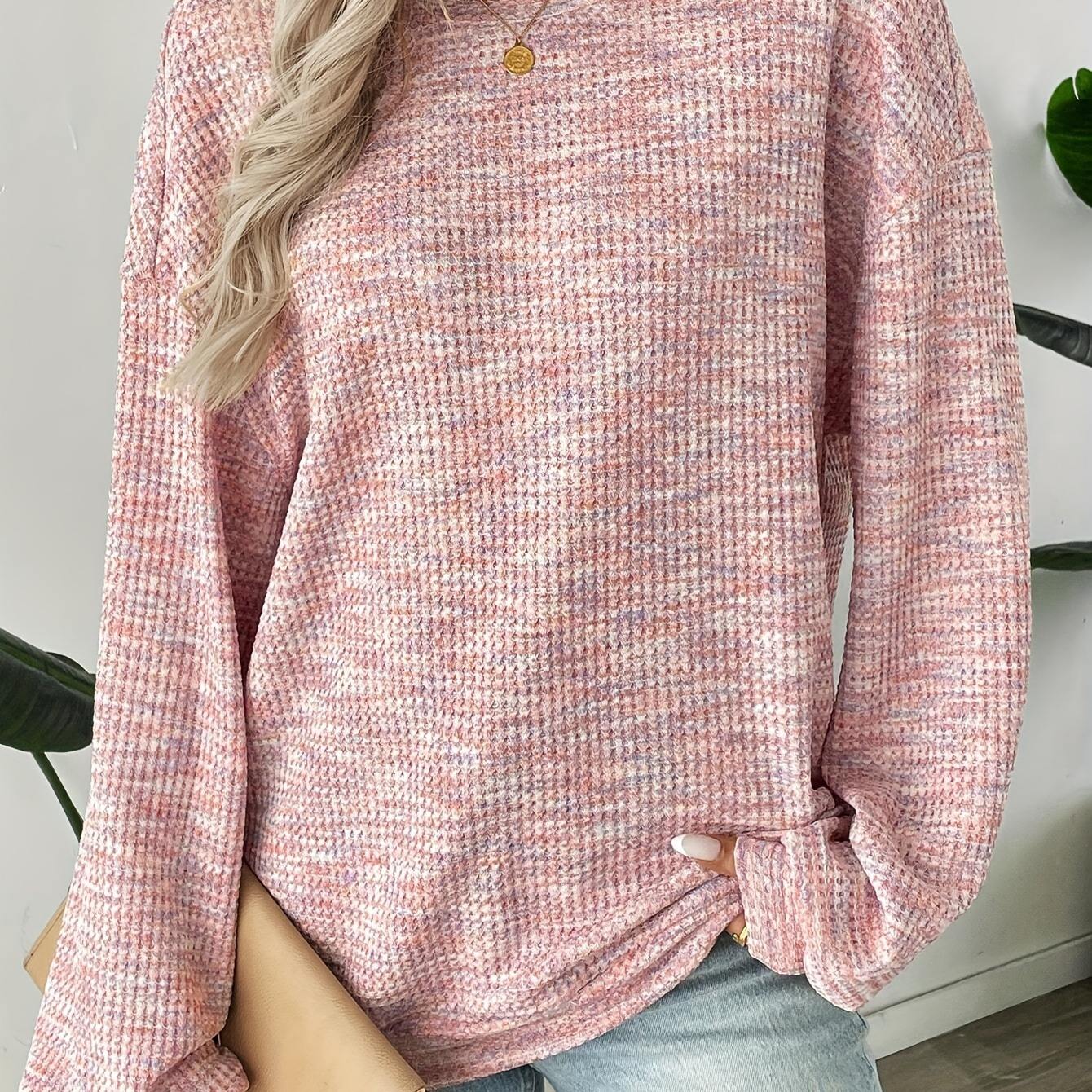 

Elegant Women's Waffle Knit Long Sleeve T-shirt - Solid Color, Polyester, Round Neck, Knit Fabric, Comfort