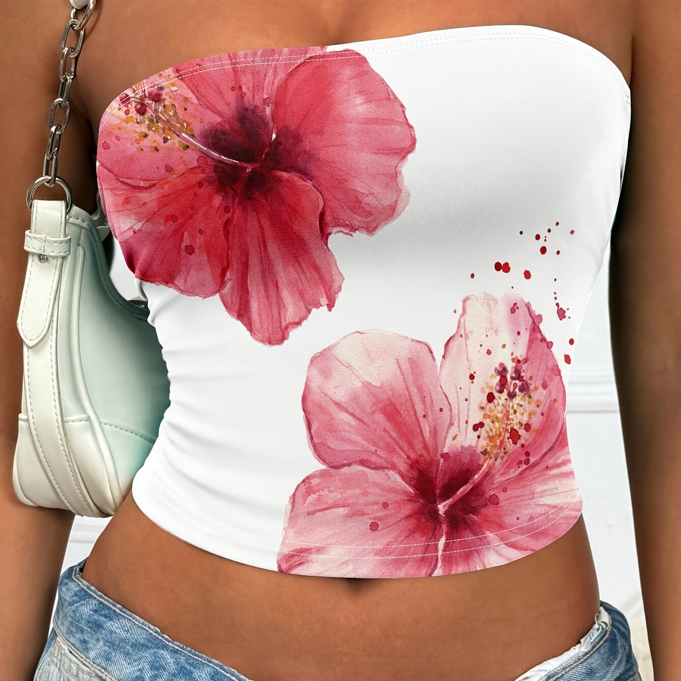 

Women's Floral Bandeau Tube Top - Polyester Knit Fabric, Strapless, , No Padding, Regular Length, All Season Wear