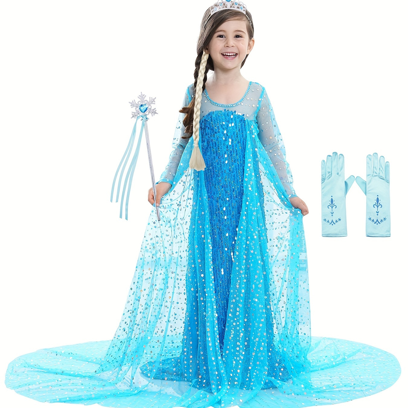 

Girl's Princess Dress With Accessories Sets, Sequin Decor Long Sleeve Dress, Tulle Cloak, Ice And Snow Queen Cosplay Outfits, Halloween Holiday Party Prom Birthday Performance Costume, Kids Clothes