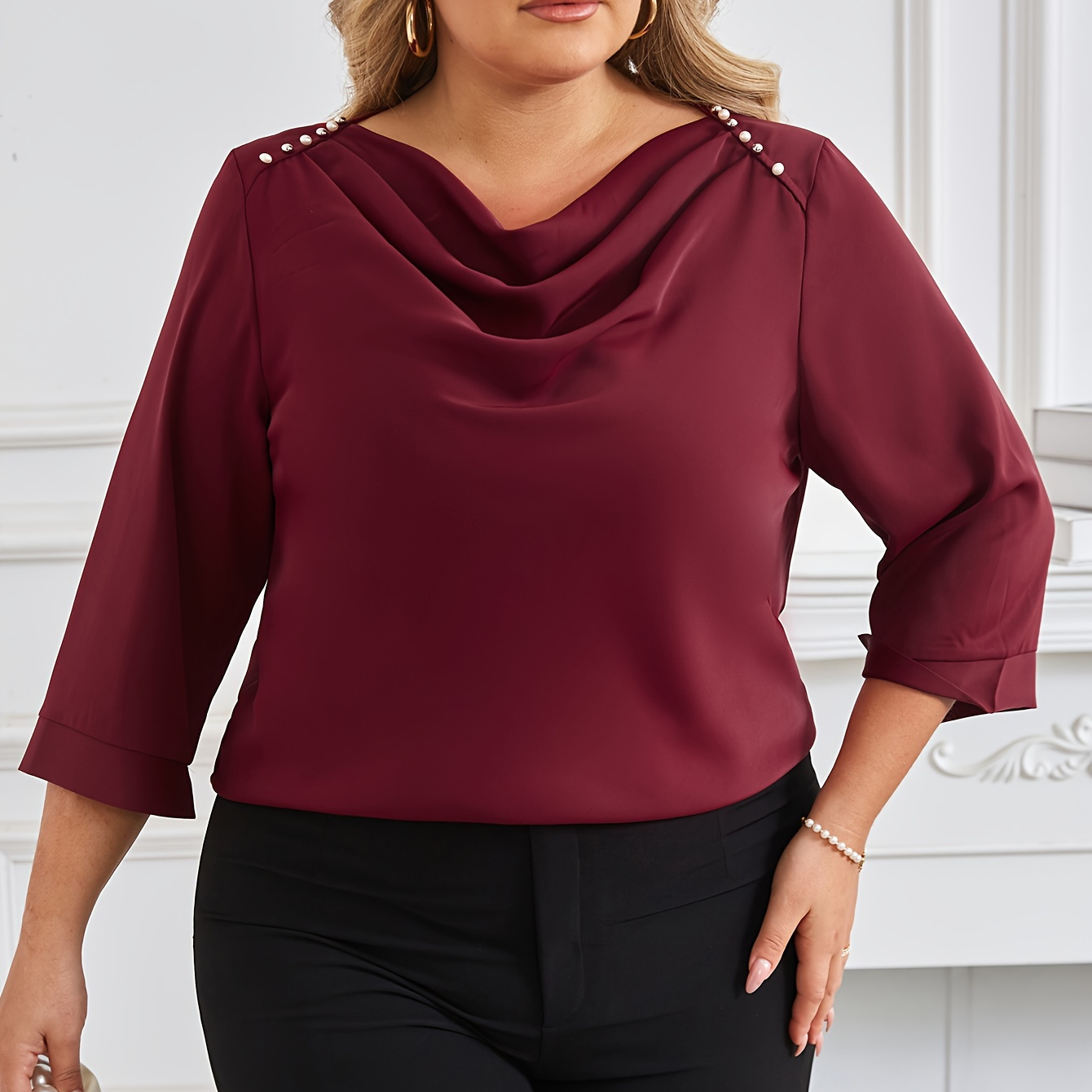 

Plus Size Solid Beaded Cowl Neck Blouse, Elegant 3/4 Sleeve Blouse For , Women's Plus Size Clothing