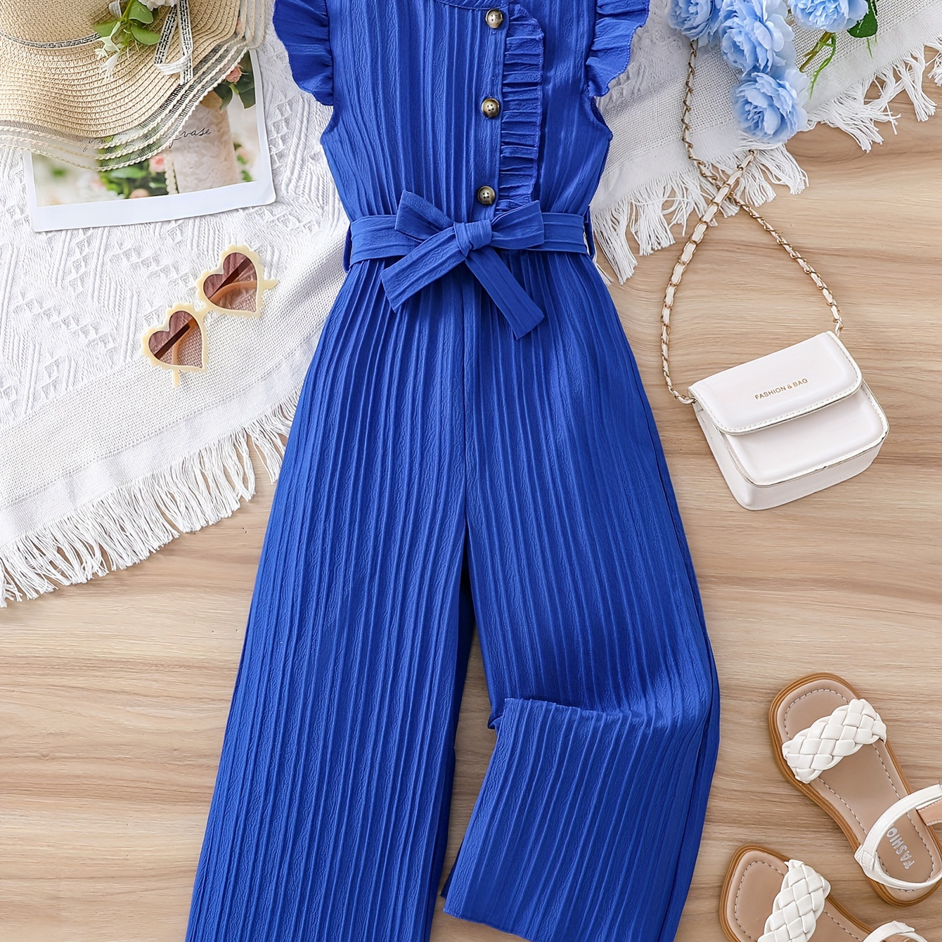 

Girls Trendy & Elegant Solid Colored Sleeve Button Up Textured Wide Leg Jumpsuit With Belt For Spring &