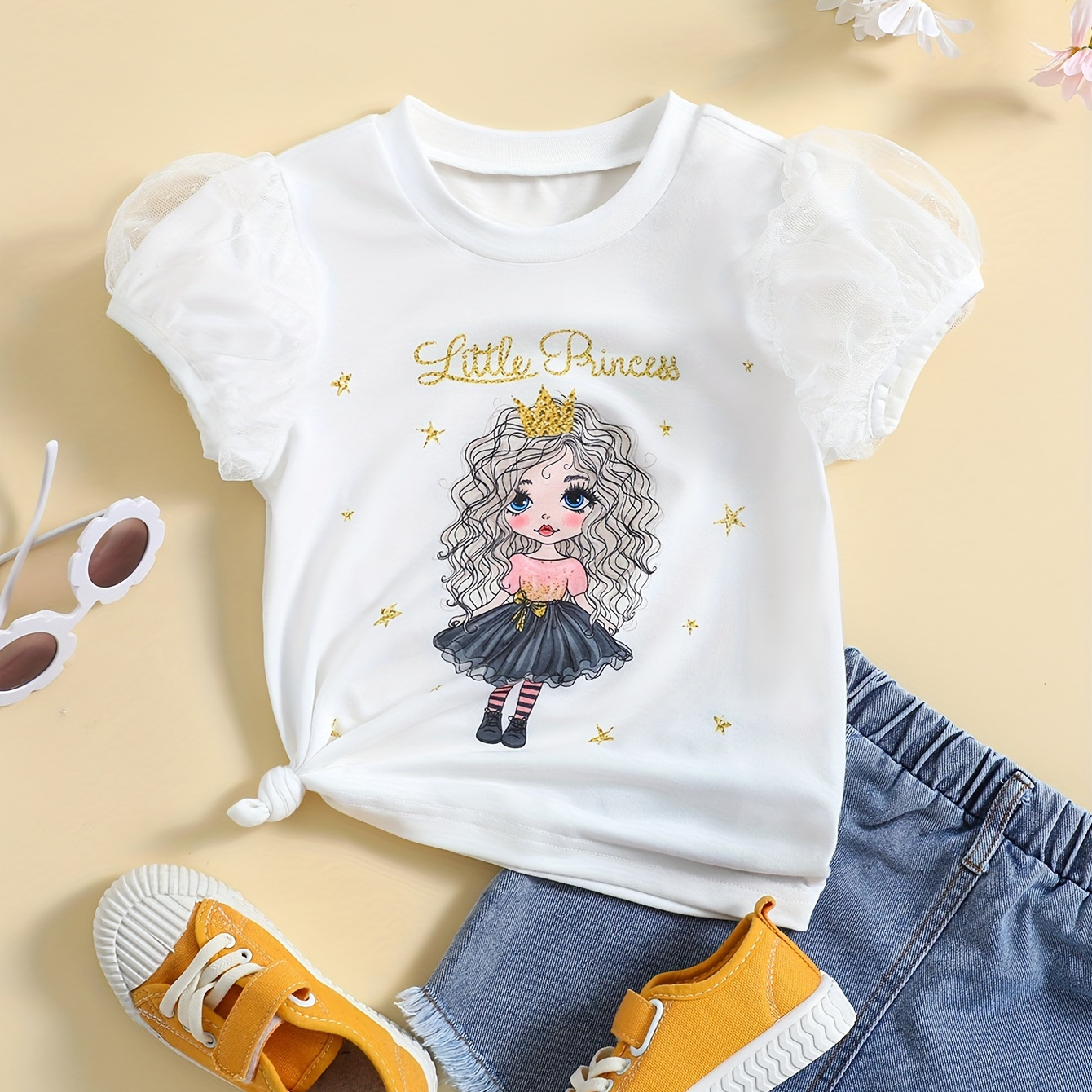

Cute Cartoon Girl Graphic Mesh Short Sleeve T-shirt Top For Summer Gift Party