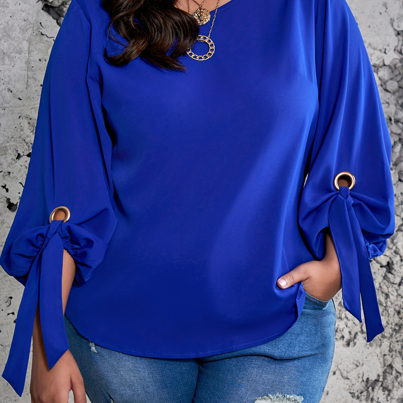 

[smooth Texture] Royal Blue Satin Blouse For Women - Size With Grommet Eyelet Tie Sleeves, Round Neck, Smooth Polyester Fabric, Spring/summer/fall, Cute Blouse