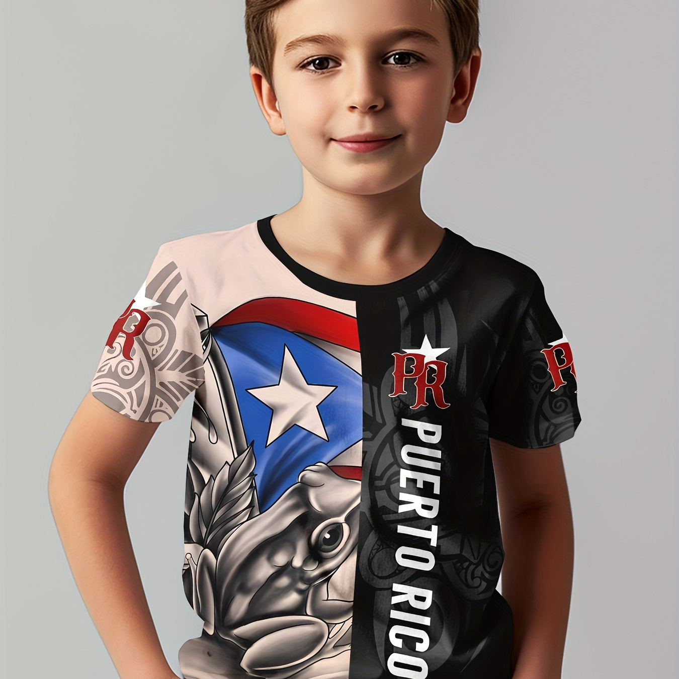 

Puerto Rico Frog 3d Print Boy's Crew Neck T-shirt, Short Sleeve Versatile Casual Summer Clothes