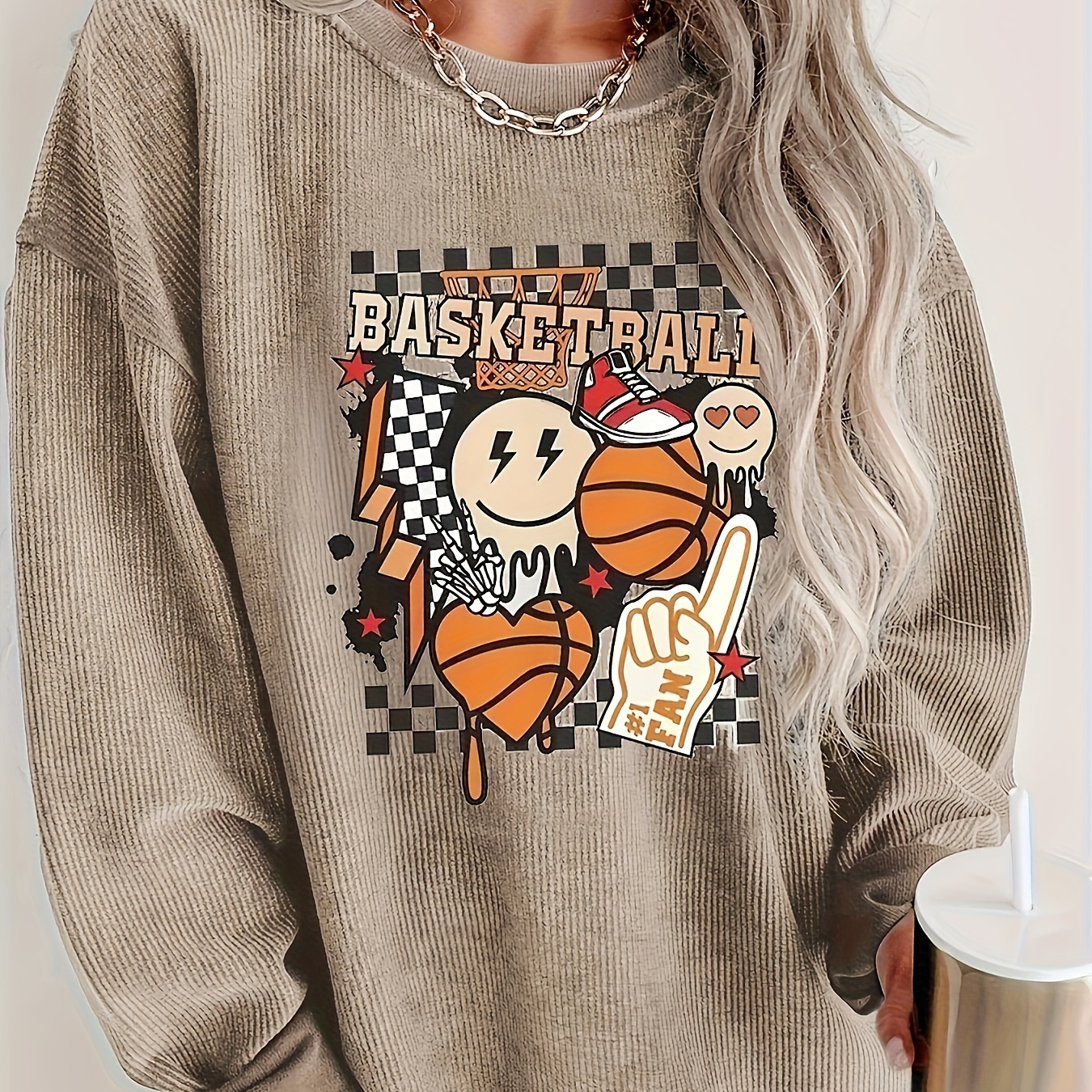 

Basketball Print Pullover Sweatshirt, Casual Long Sleeve Crew Neck Sweatshirt For Fall & Winter, Women's Clothing